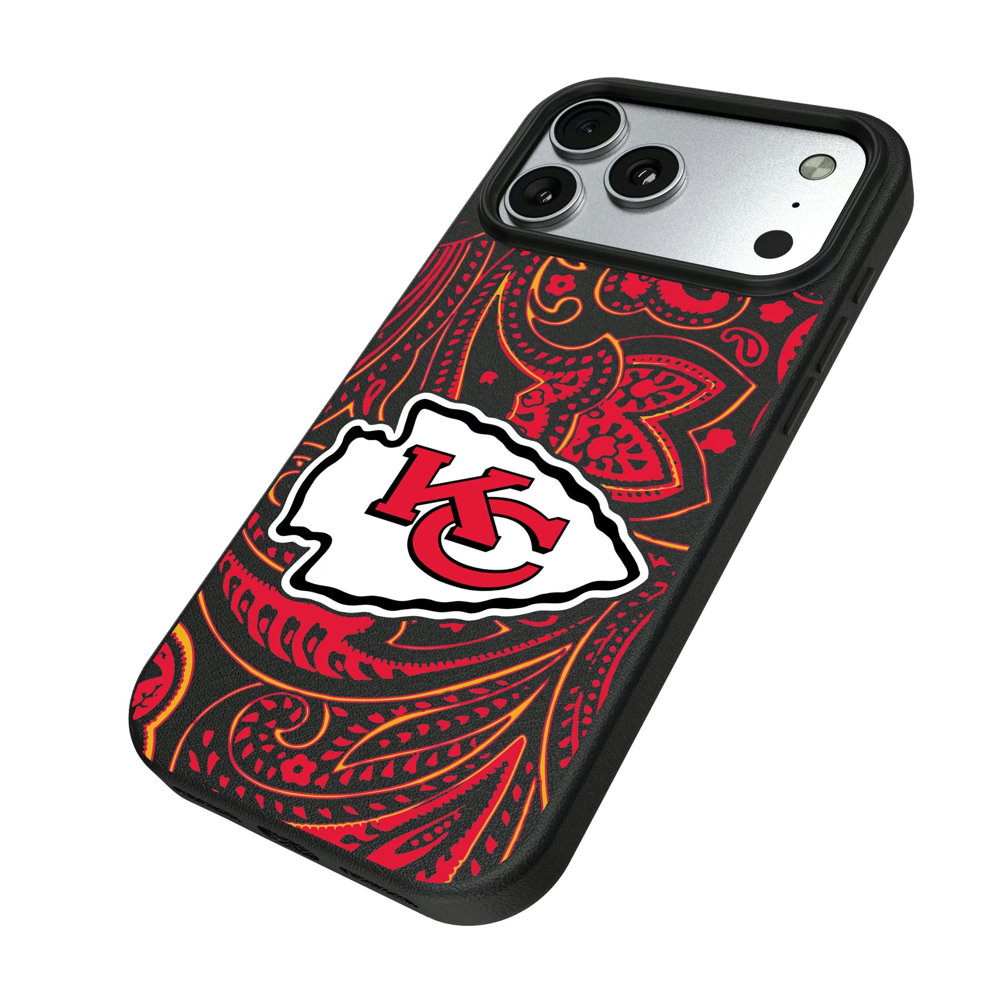 Kansas City Chiefs Paisley iPhone MagSafe Compatible Phone Case for Apple iPhone - Isometric View#Device_iPhone 17 Pro Max