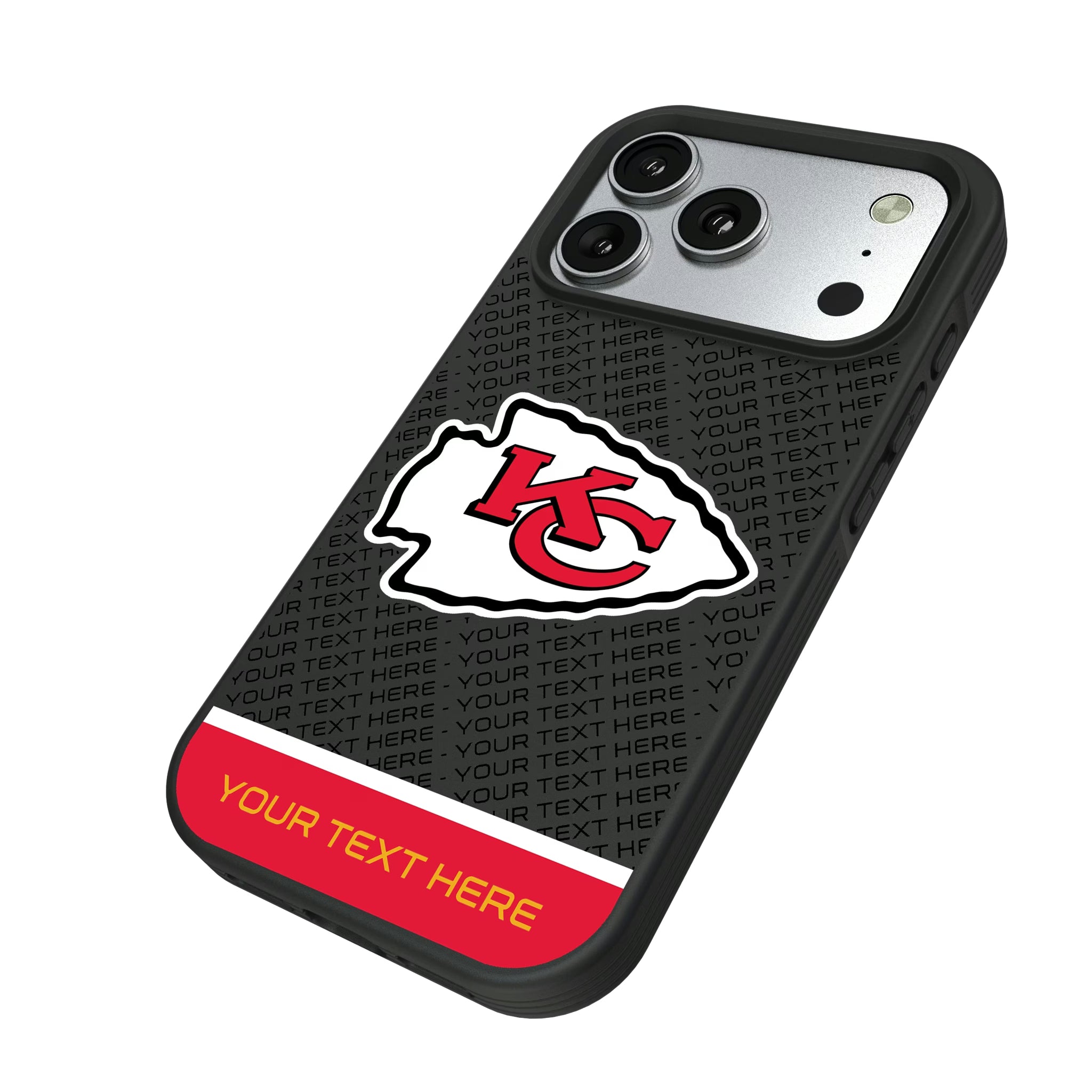 Kansas City Chiefs Personalized EndZone Plus iPhone Bump Phone Case for Apple iPhone - Isometric View#Device_iPhone 17 Pro
