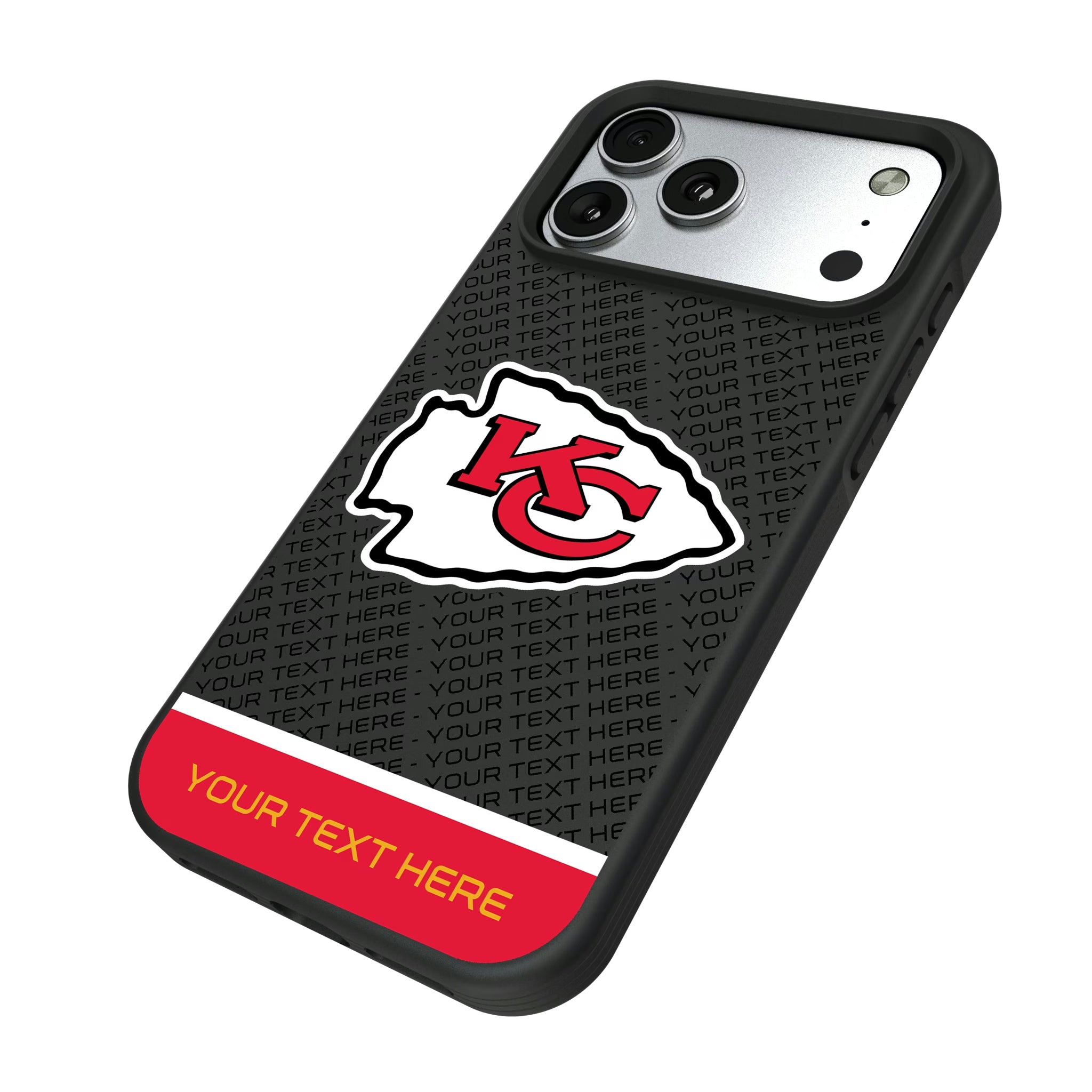 Kansas City Chiefs Personalized EndZone Plus iPhone Bump Phone Case for Apple iPhone - Isometric View#Device_iPhone 17 Pro Max