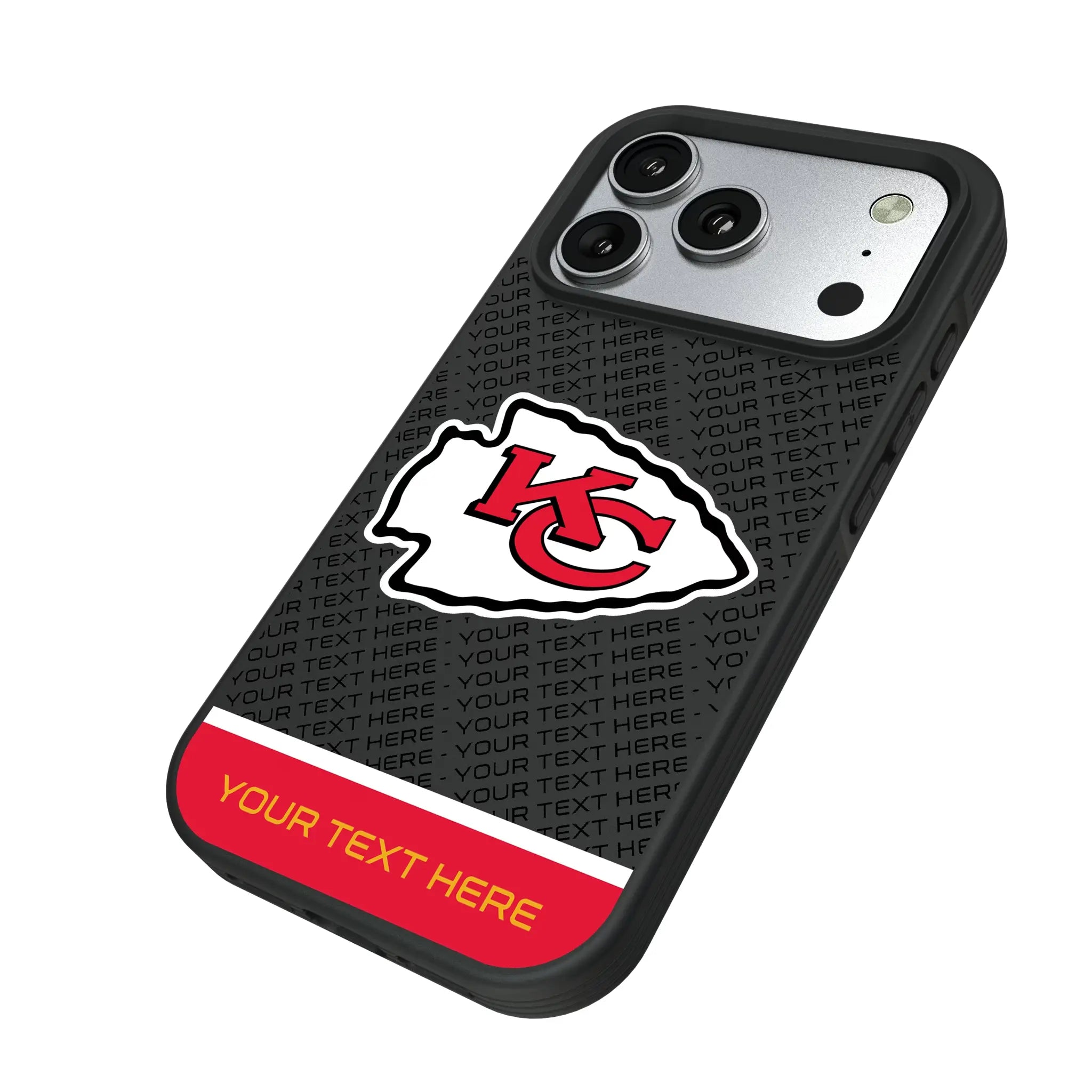 Kansas City Chiefs Personalized EndZone Plus iPhone Bump Phone Case for Apple iPhone - Isometric View#Device_iPhone 17 Pro