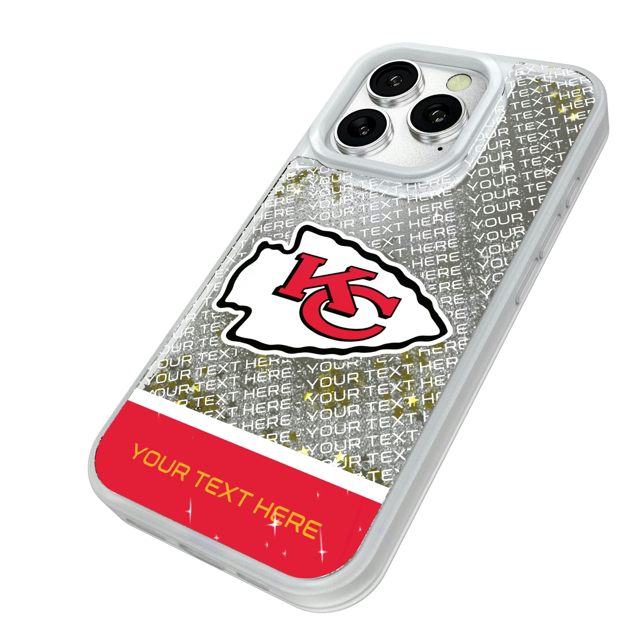 Kansas City Chiefs Personalized EndZone Plus iPhone Glitter Phone Case for Apple iPhone - Isometric View#Device_iPhone 16 Pro