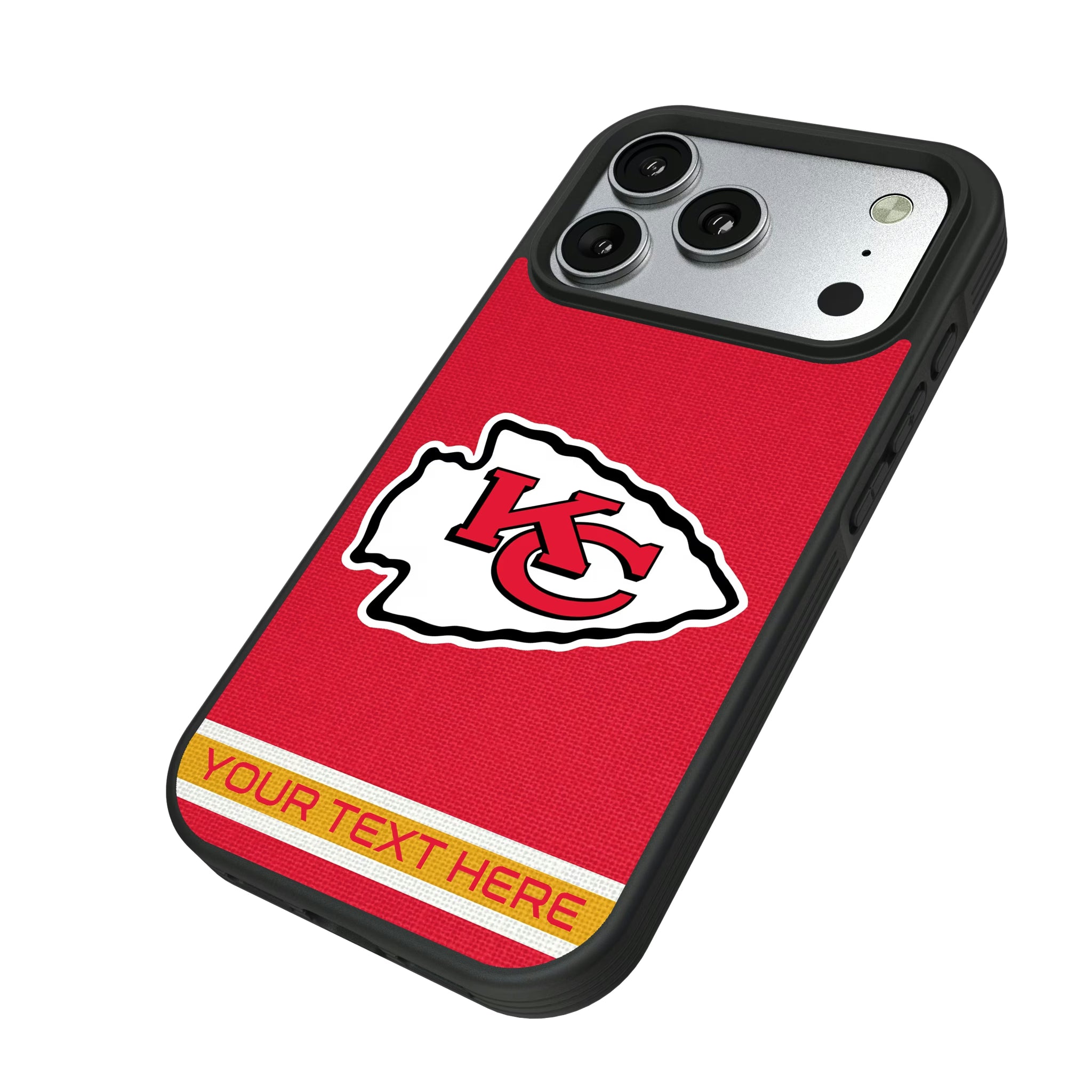 Kansas City Chiefs Personalized Stripe iPhone Bump Phone Case for Apple iPhone - Isometric View#Device_iPhone 17 Pro