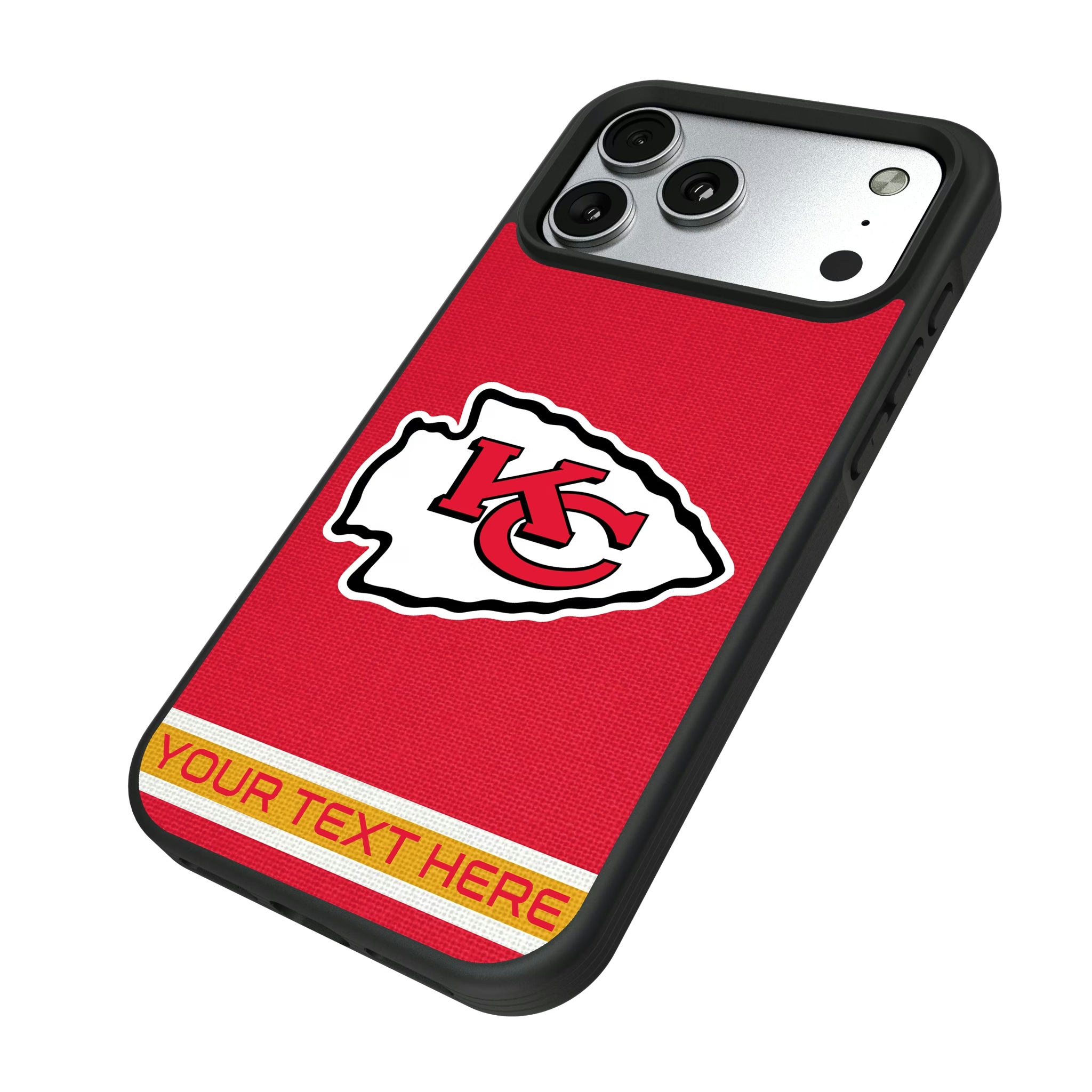 Kansas City Chiefs Personalized Stripe iPhone Bump Phone Case for Apple iPhone - Isometric View#Device_iPhone 17 Pro Max