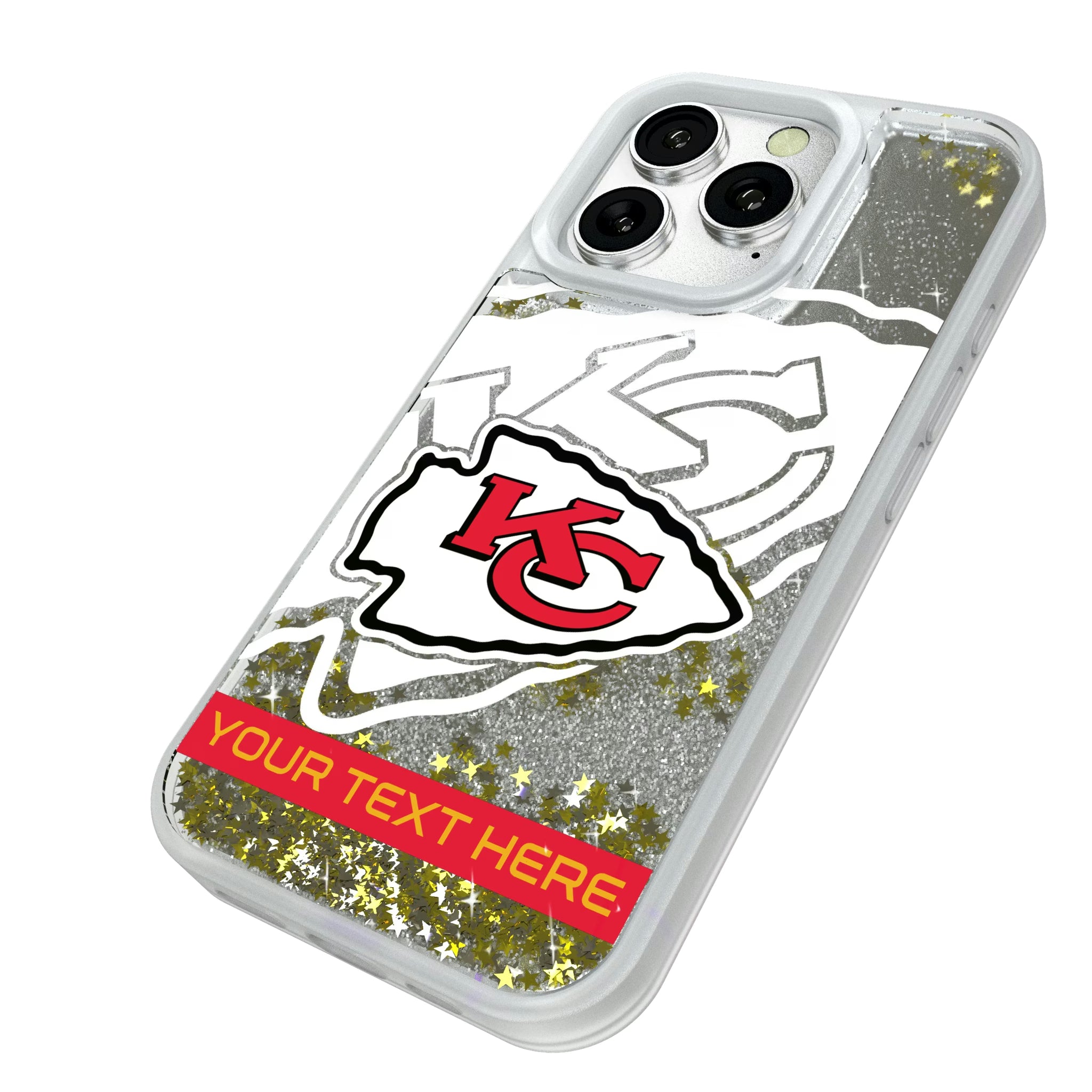Kansas City Chiefs Personalized Tilt iPhone Glitter Phone Case for Apple iPhone - Isometric View#Device_iPhone 16 Pro