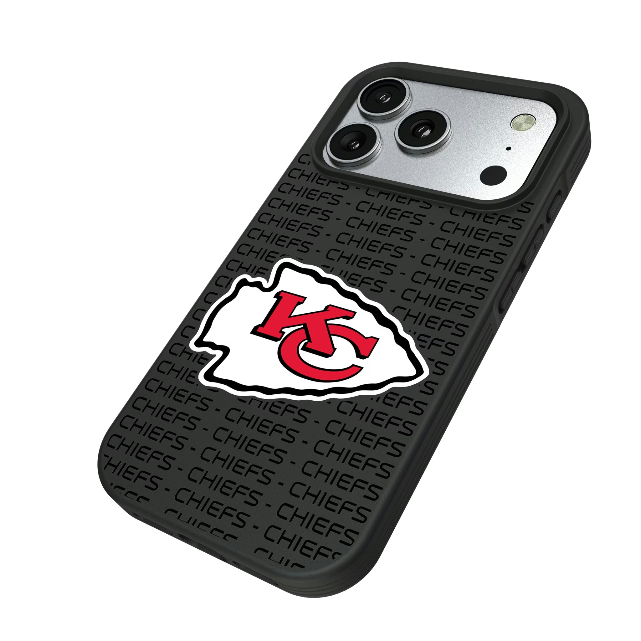 Kansas City Chiefs Text Backdrop iPhone Bump Phone Case for Apple iPhone - Isometric View#Device_iPhone 17 Pro
