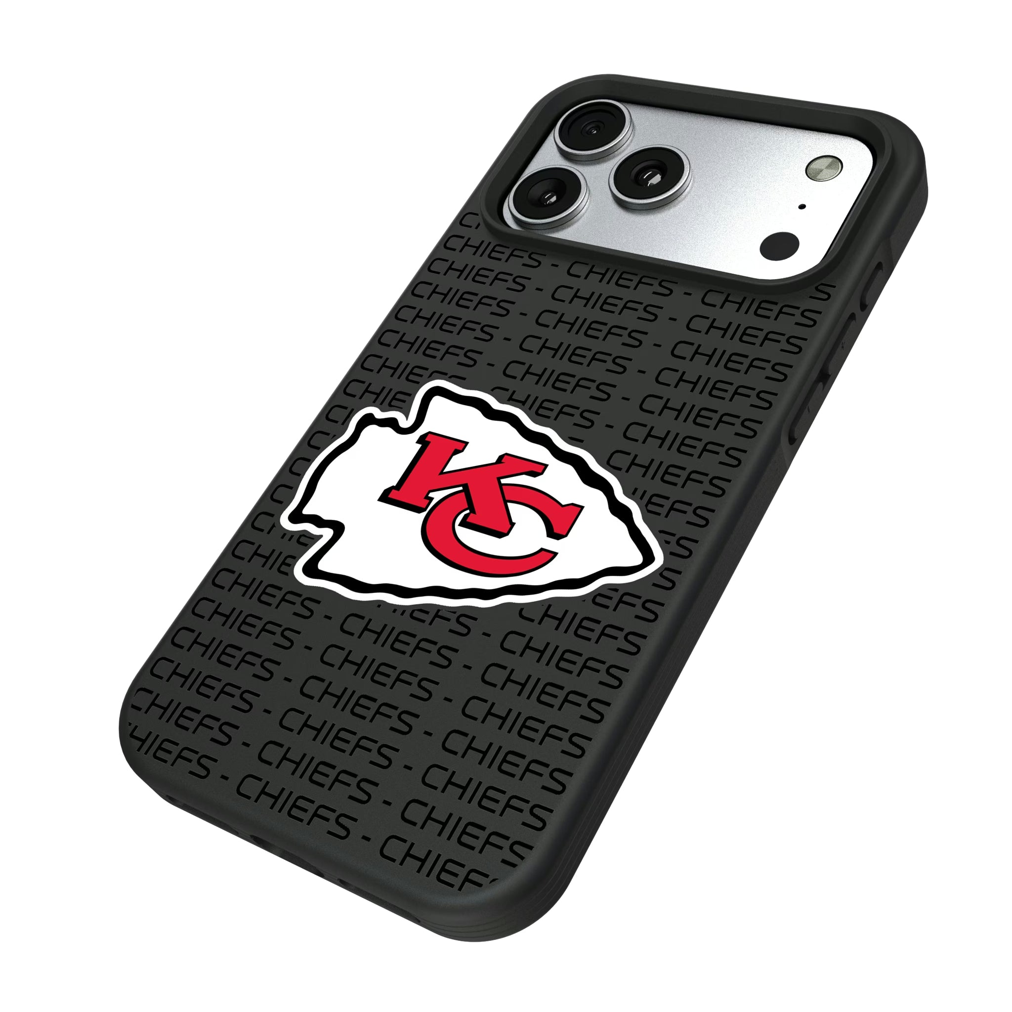 Kansas City Chiefs Text Backdrop iPhone Bump Phone Case for Apple iPhone - Isometric View#Device_iPhone 17 Pro Max