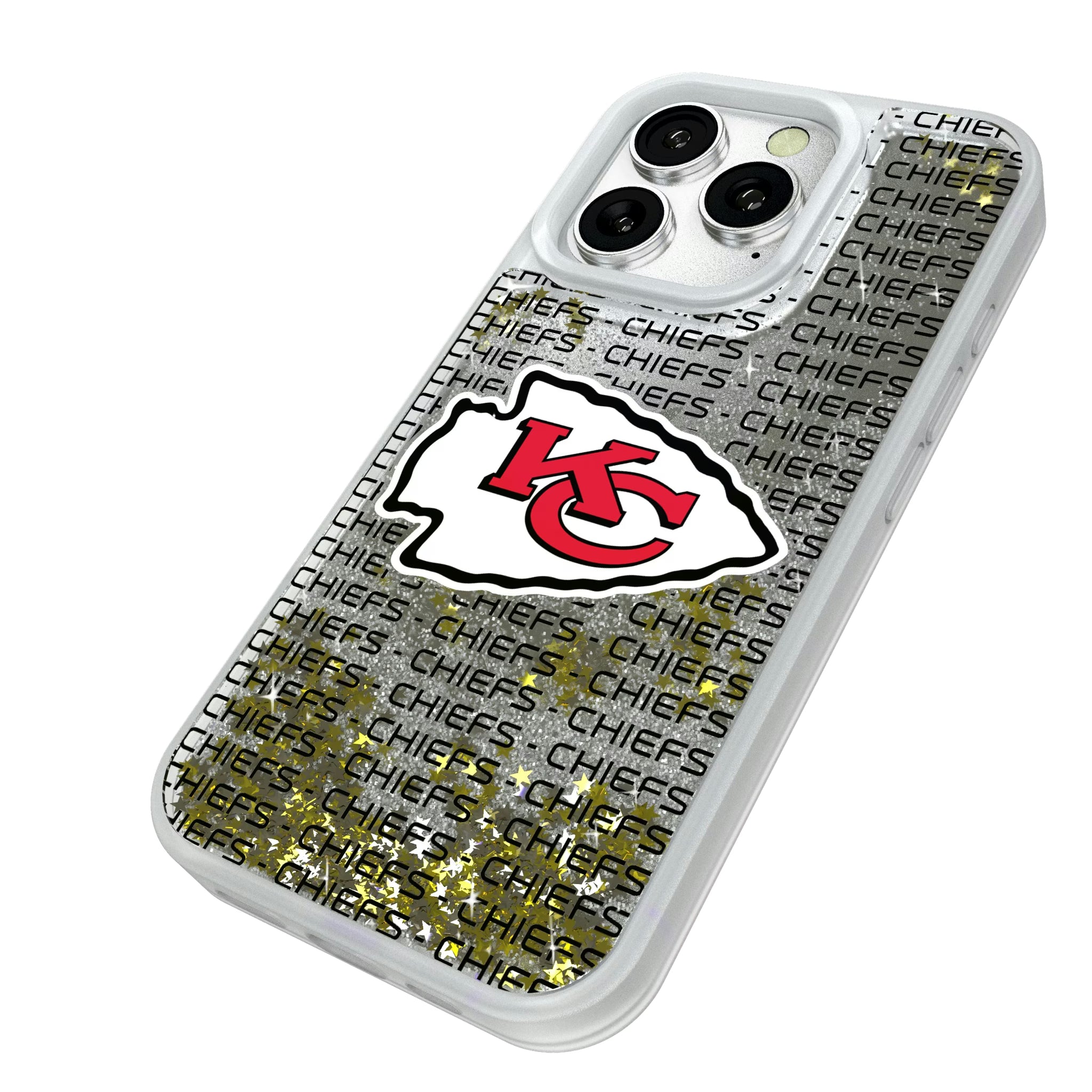 Kansas City Chiefs Text Backdrop iPhone Glitter Phone Case for Apple iPhone - Isometric View#Device_iPhone 16 Pro