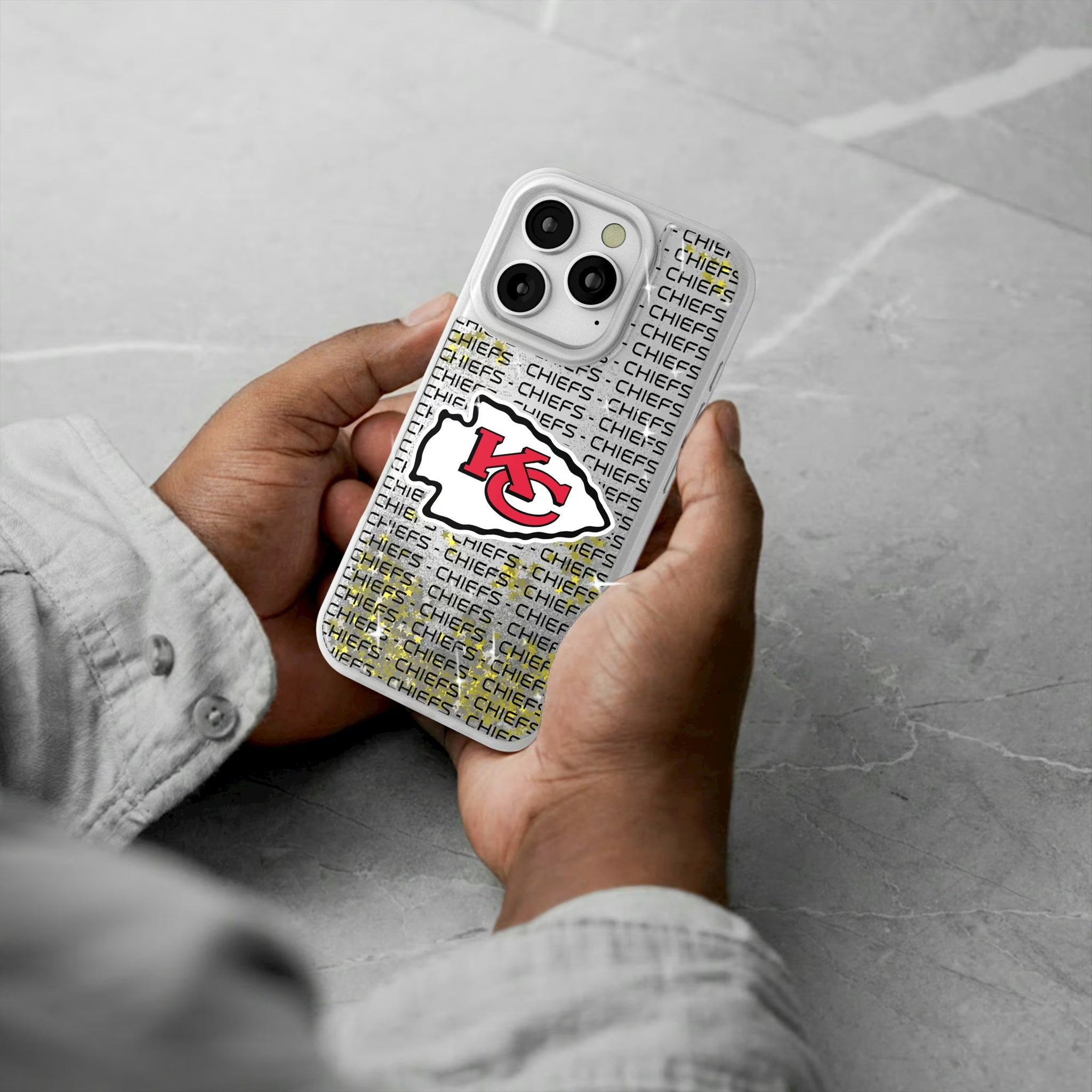 Kansas City Chiefs Text Backdrop iPhone Glitter Phone Case for Apple iPhone - Lifestyle#Device_iPhone 16 Pro