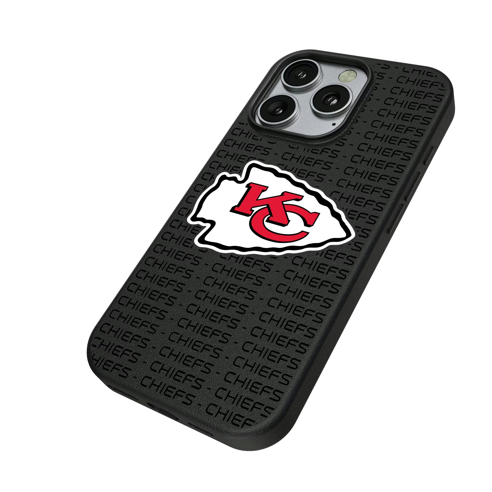 Kansas City Chiefs Text Backdrop iPhone MagSafe Compatible Phone Case for Apple iPhone - Isometric View