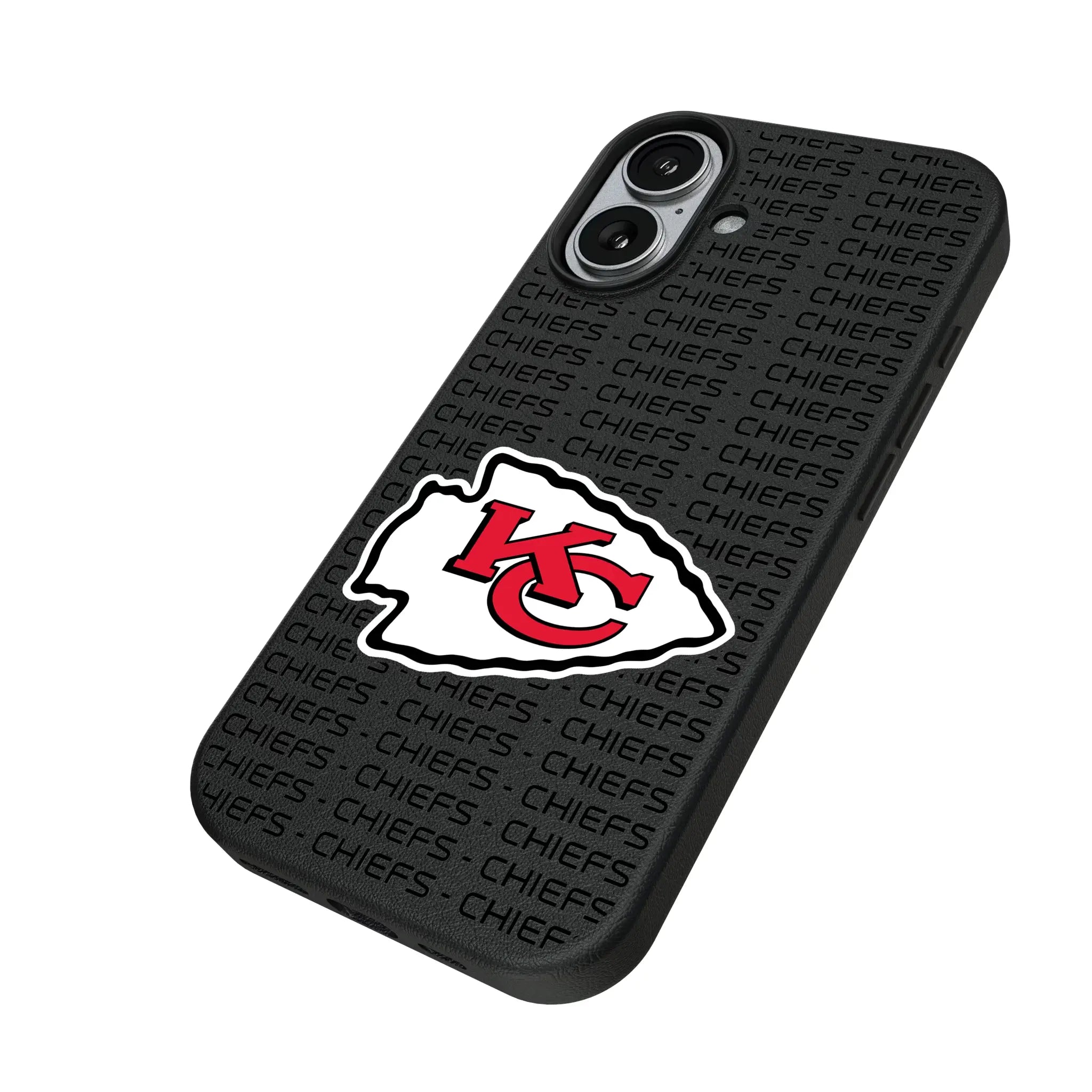 Kansas City Chiefs Text Backdrop iPhone MagSafe Compatible Phone Case for Apple iPhone - Isometric View#Device_iPhone 17