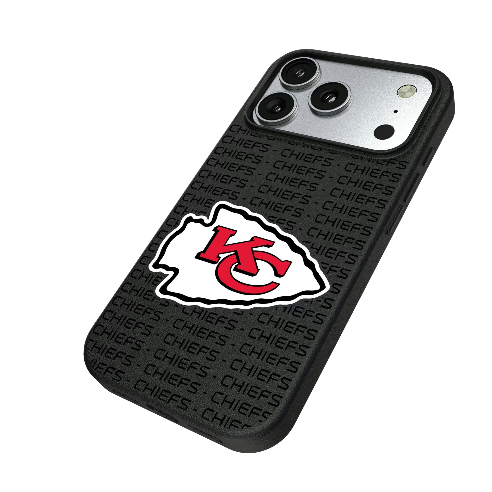 Kansas City Chiefs Text Backdrop iPhone MagSafe Compatible Phone Case for Apple iPhone - Isometric View#Device_iPhone 17 Pro