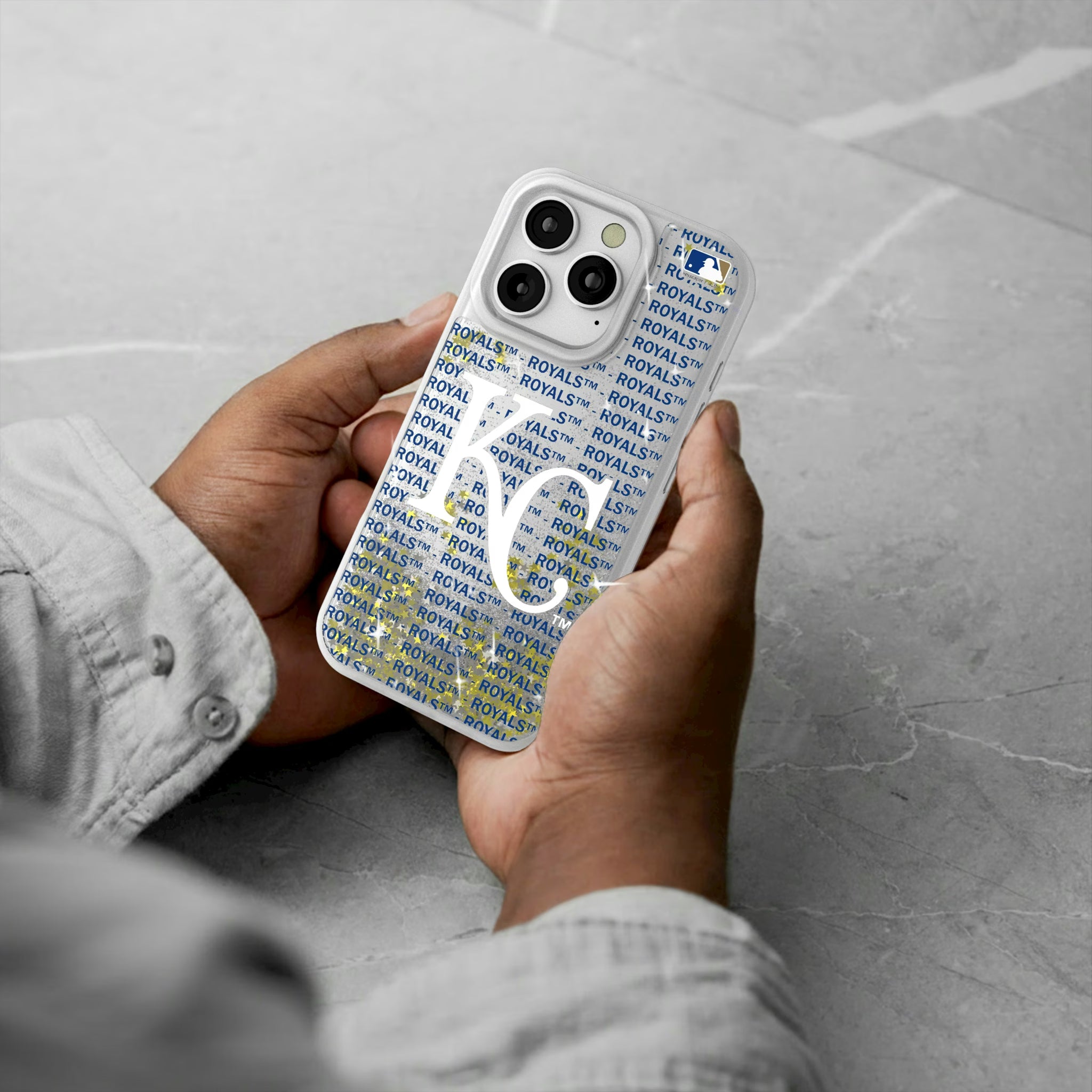 Kansas City Royals Text Backdrop iPhone Glitter Phone Case for Apple iPhone - Lifestyle#Device_iPhone 16 Pro