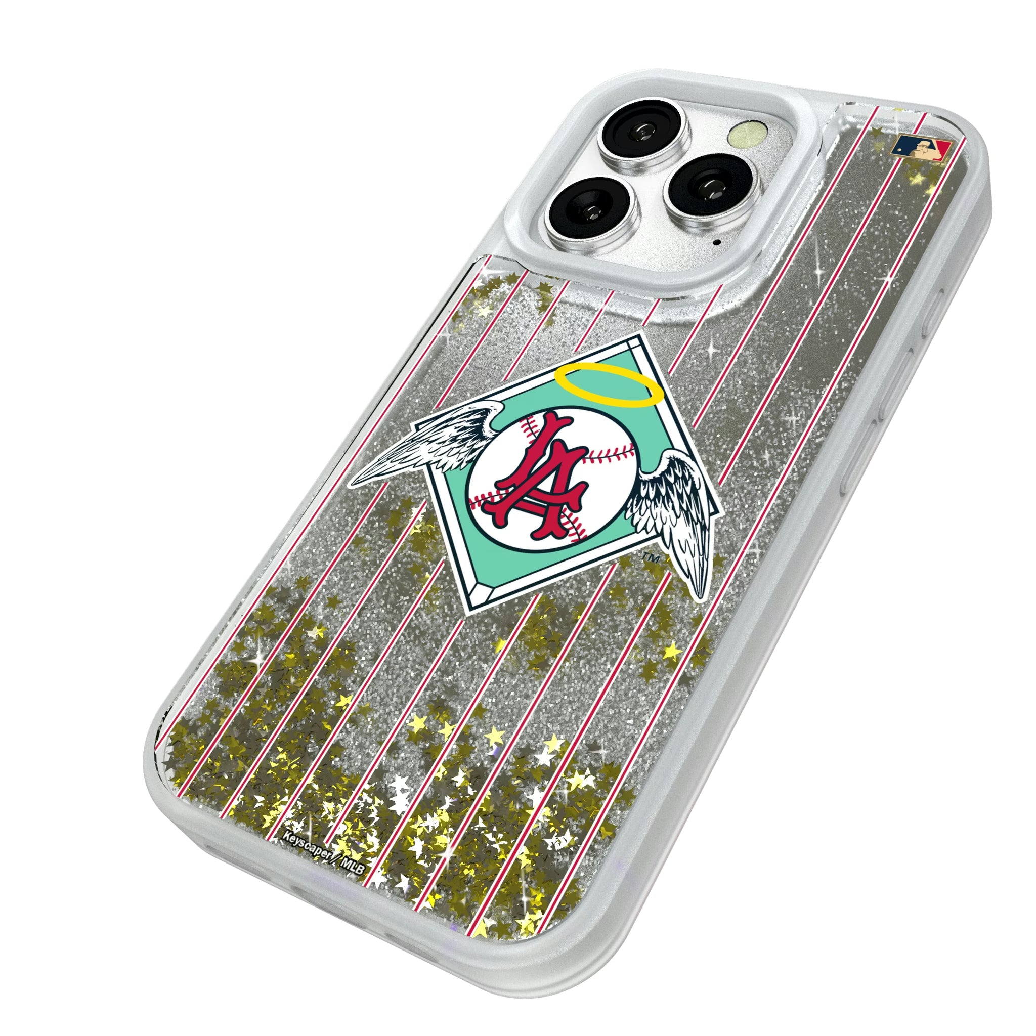 LA Angels 1961-1965 - Cooperstown Collection Pinstripe iPhone Glitter Phone Case for Apple iPhone - Isometric View#Device_iPhone 16 Pro