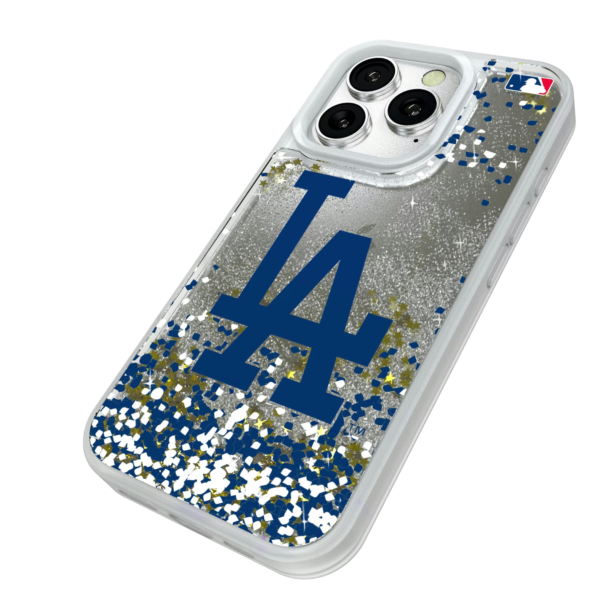 LA Dodgers Confetti iPhone Glitter Phone Case for Apple iPhone - Isometric View#Device_iPhone 16 Pro