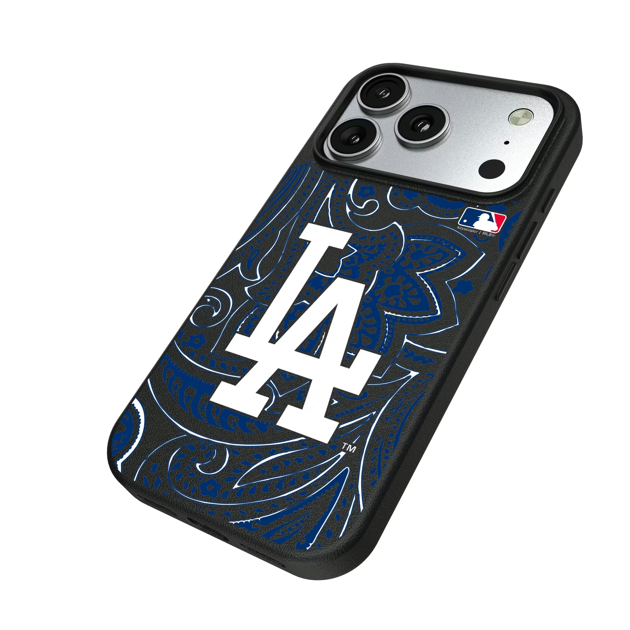 LA Dodgers Paisley iPhone MagSafe Compatible Phone Case for Apple iPhone - Isometric View#Device_iPhone 17 Pro