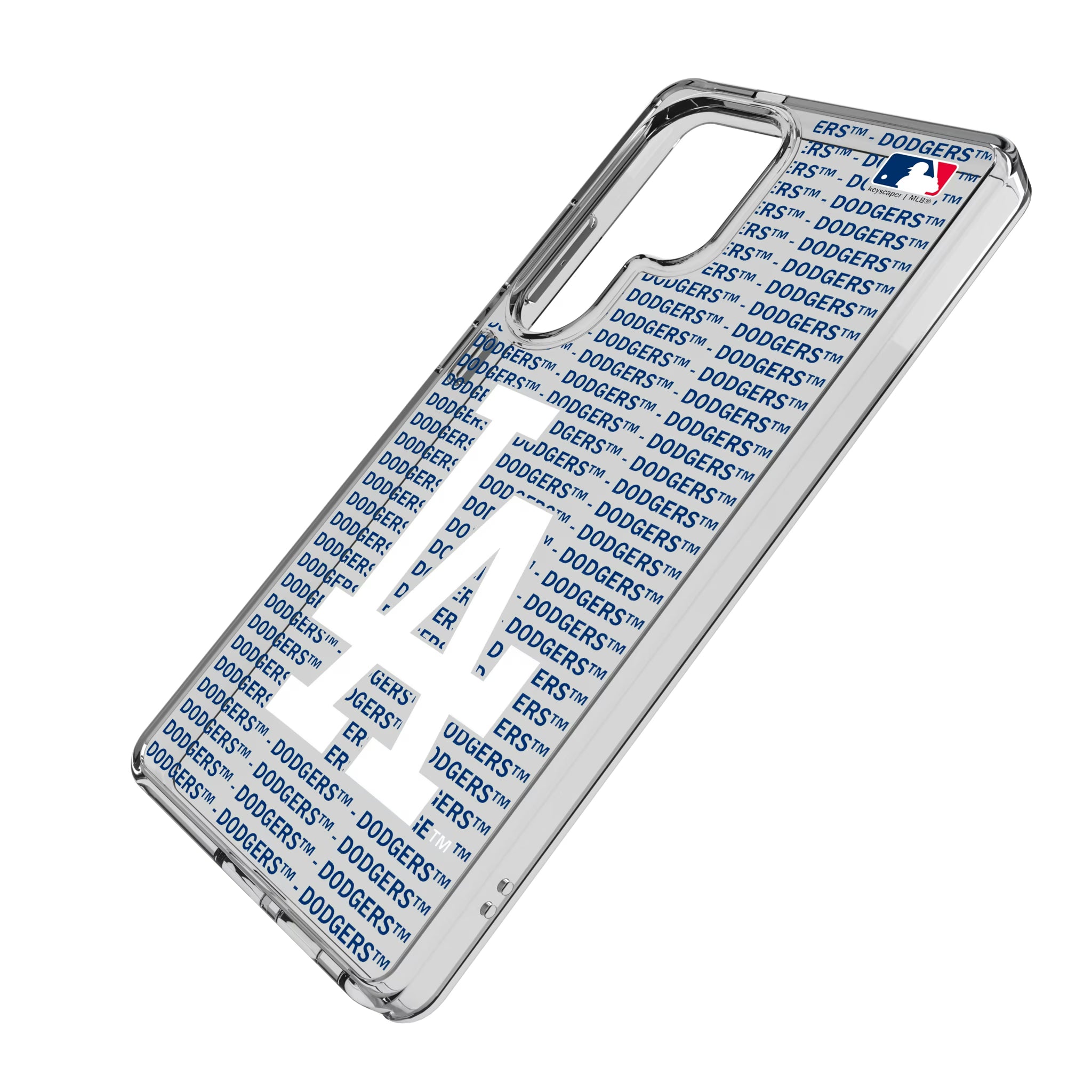 LA Dodgers Text Backdrop Galaxy Clear Phone Case for Samsung Galaxy - Isometric View