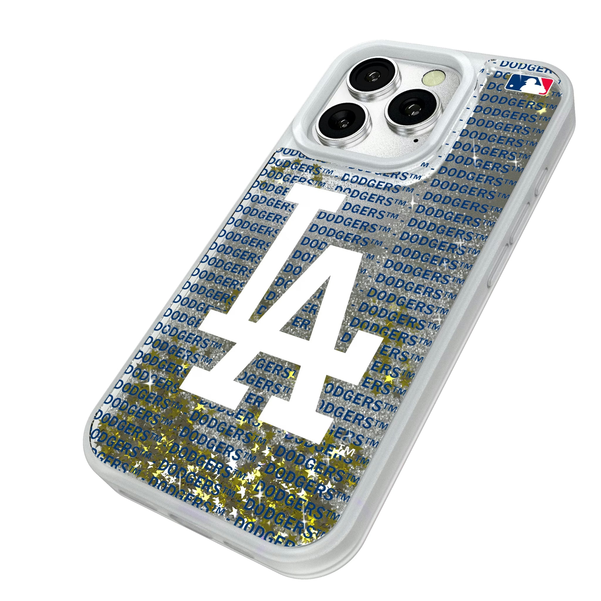 LA Dodgers Text Backdrop iPhone Glitter Phone Case for Apple iPhone - Isometric View#Device_iPhone 16 Pro
