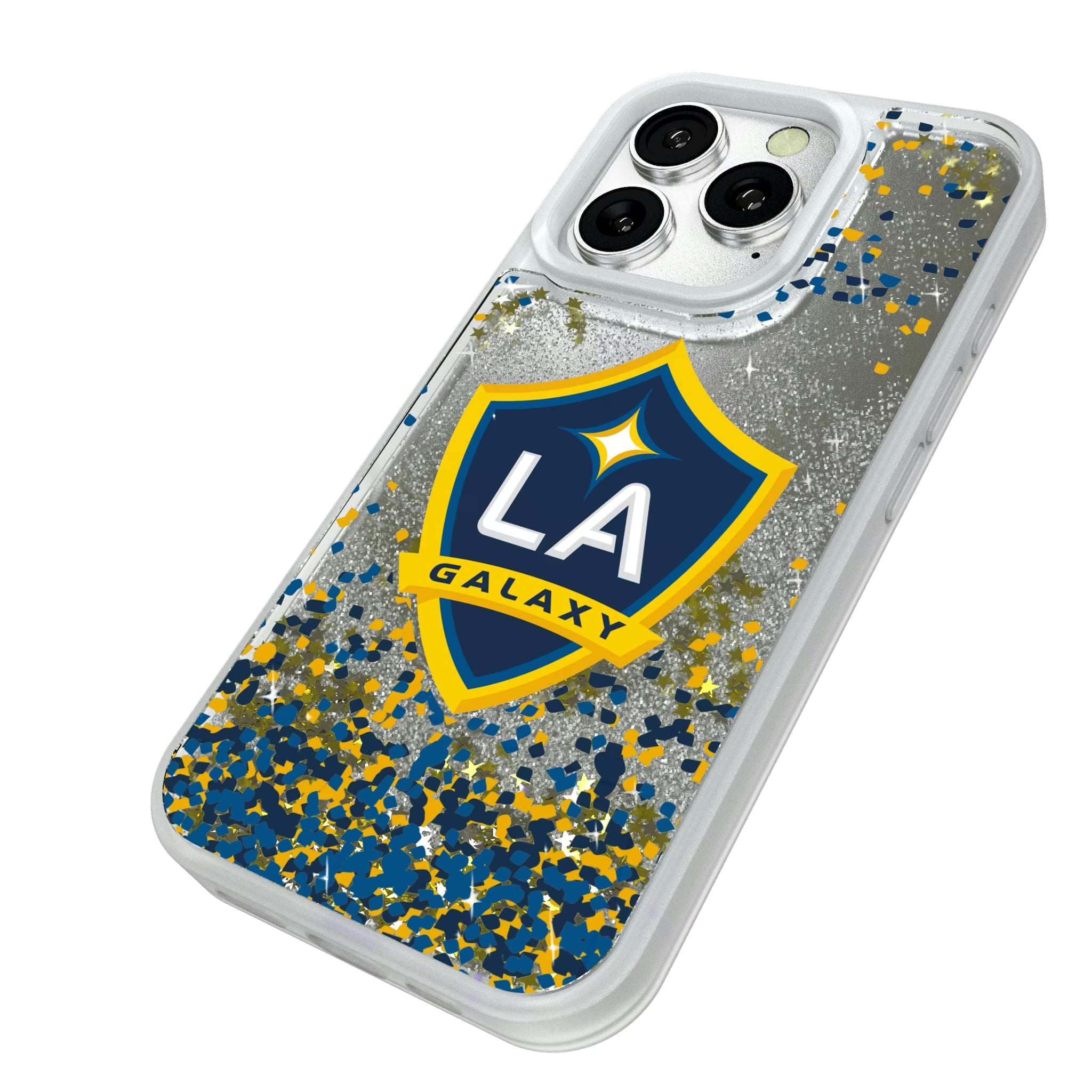 LA Galaxy Confetti iPhone Glitter Phone Case for Apple iPhone - Isometric View#Device_iPhone 16 Pro