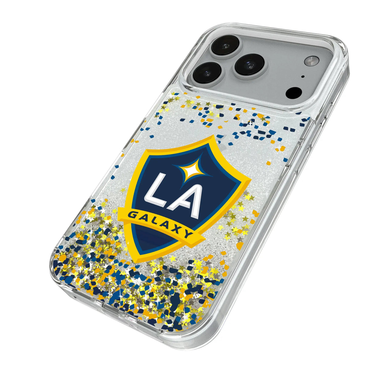 LA Galaxy Confetti iPhone Glitter Phone Case for Apple iPhone - Isometric View#Device_iPhone 18 Pro