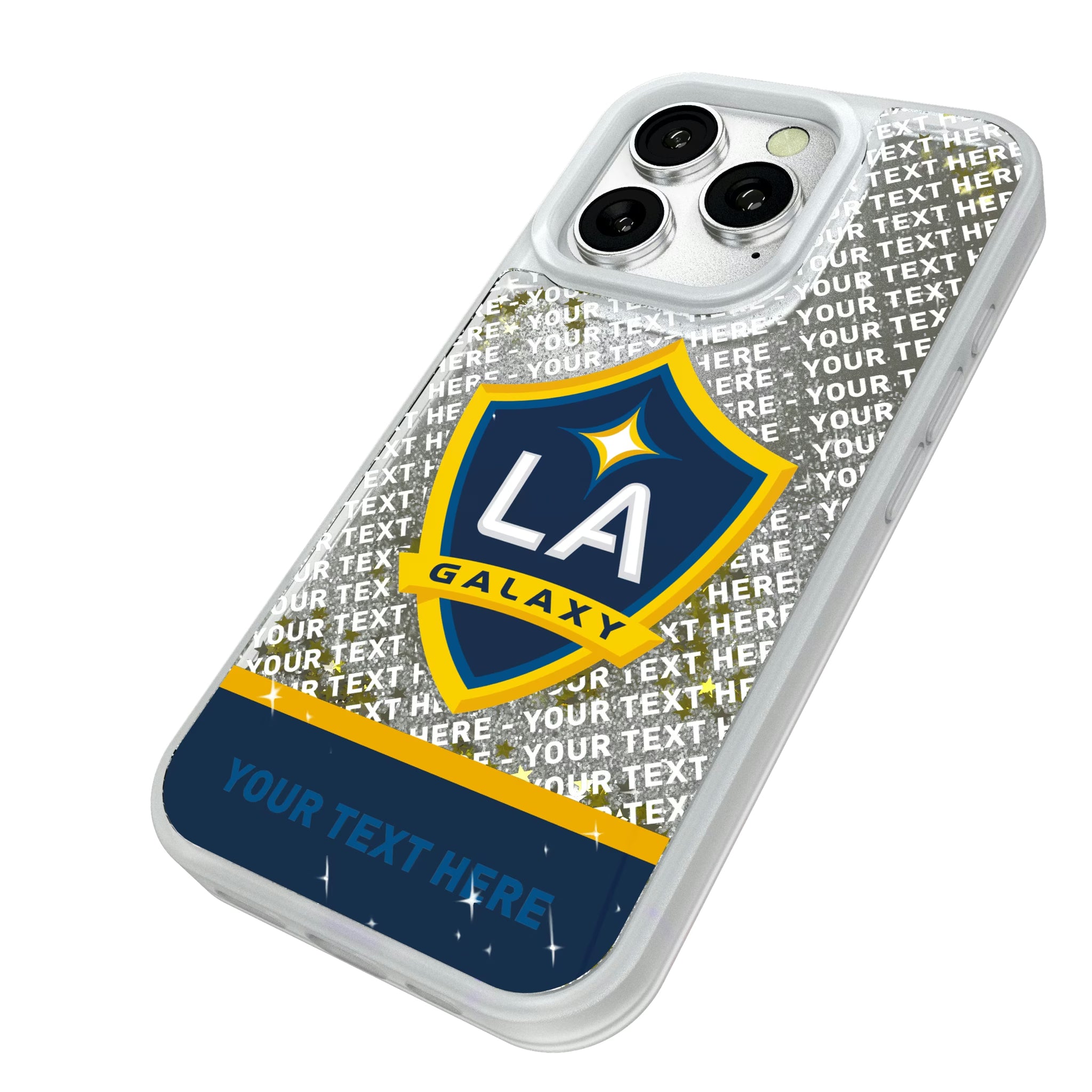 LA Galaxy Personalized EndZone Plus iPhone Glitter Phone Case for Apple iPhone - Isometric View#Device_iPhone 16 Pro