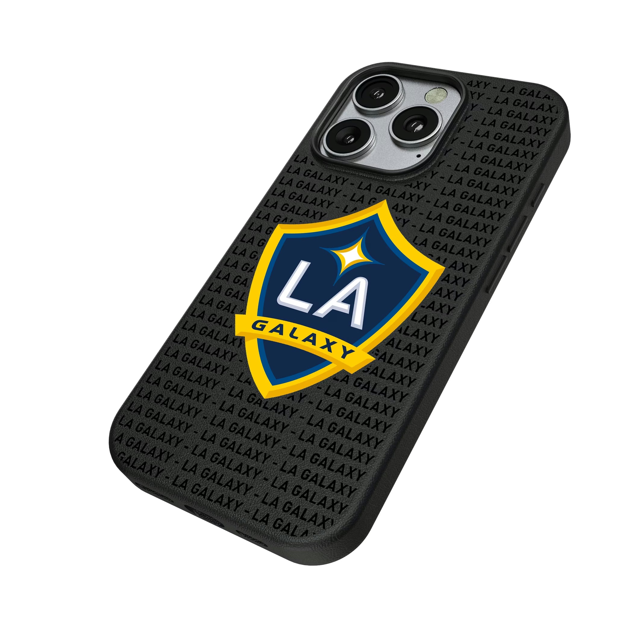 LA Galaxy Text Backdrop iPhone MagSafe Compatible Phone Case for Apple iPhone - Isometric View