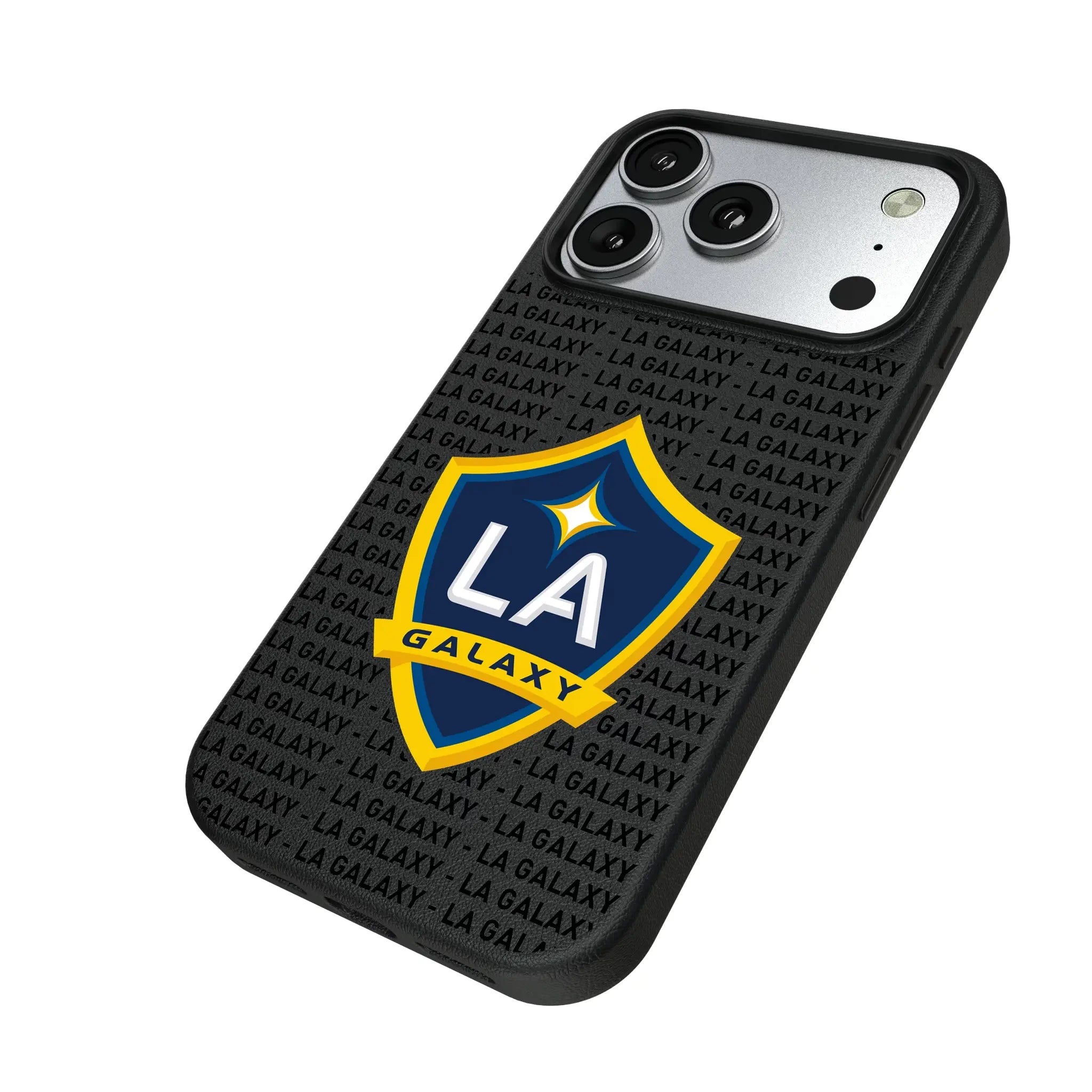 LA Galaxy Text Backdrop iPhone MagSafe Compatible Phone Case for Apple iPhone - Isometric View#Device_iPhone 17 Pro