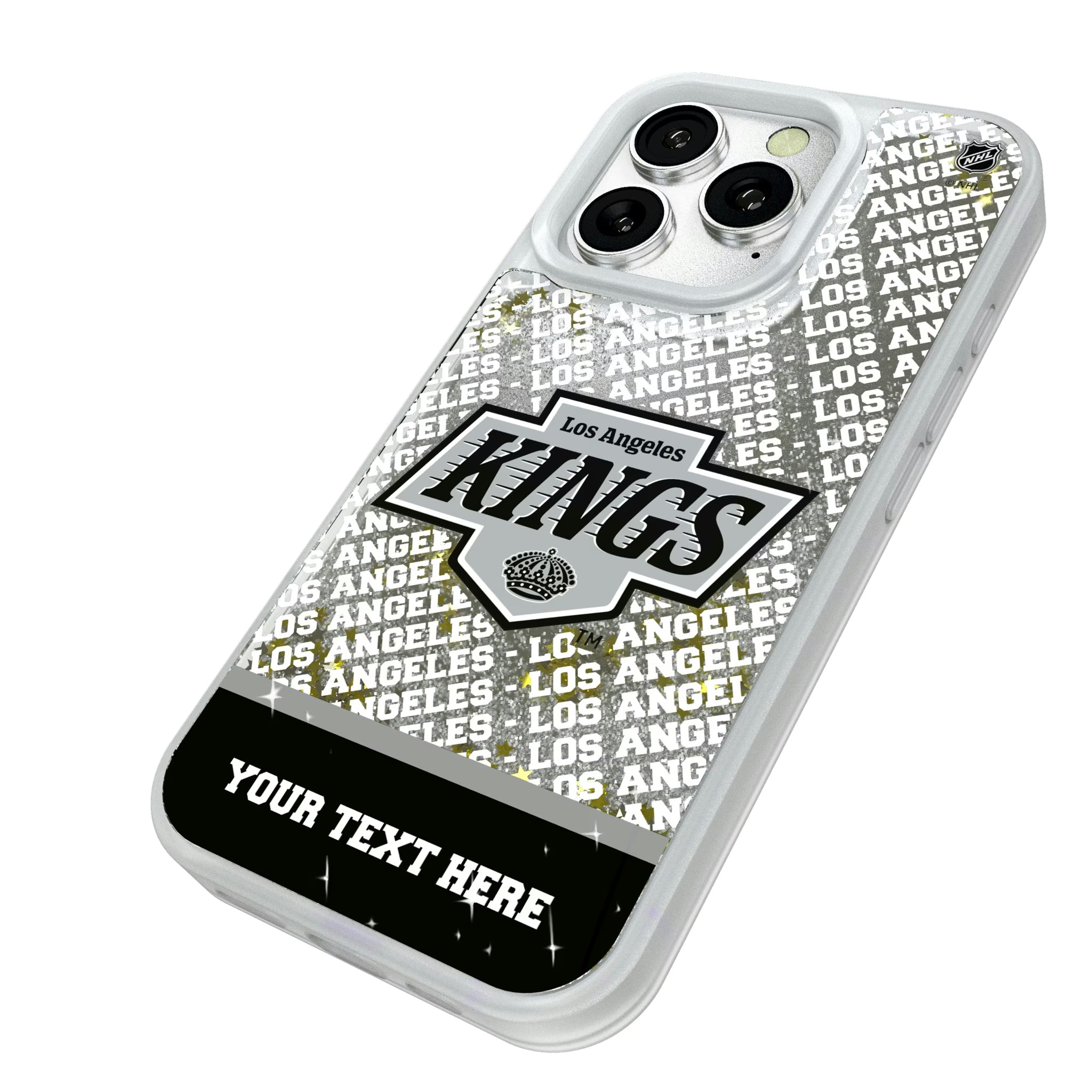 LA Kings Personalized EndZone Plus iPhone Glitter Phone Case for Apple iPhone - Isometric View#Device_iPhone 16 Pro