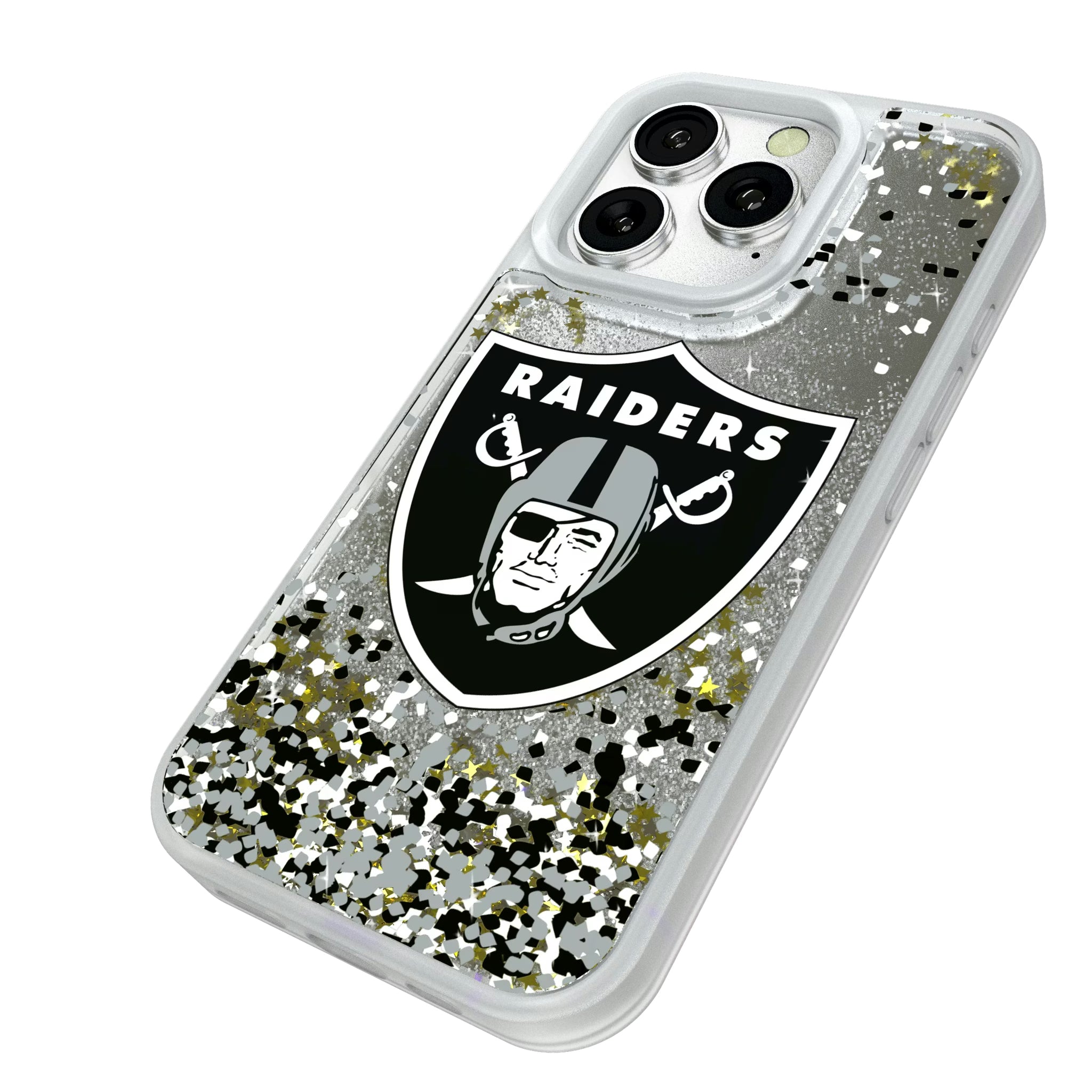 Las Vegas Raiders Confetti iPhone Glitter Phone Case for Apple iPhone - Isometric View#Device_iPhone 16 Pro