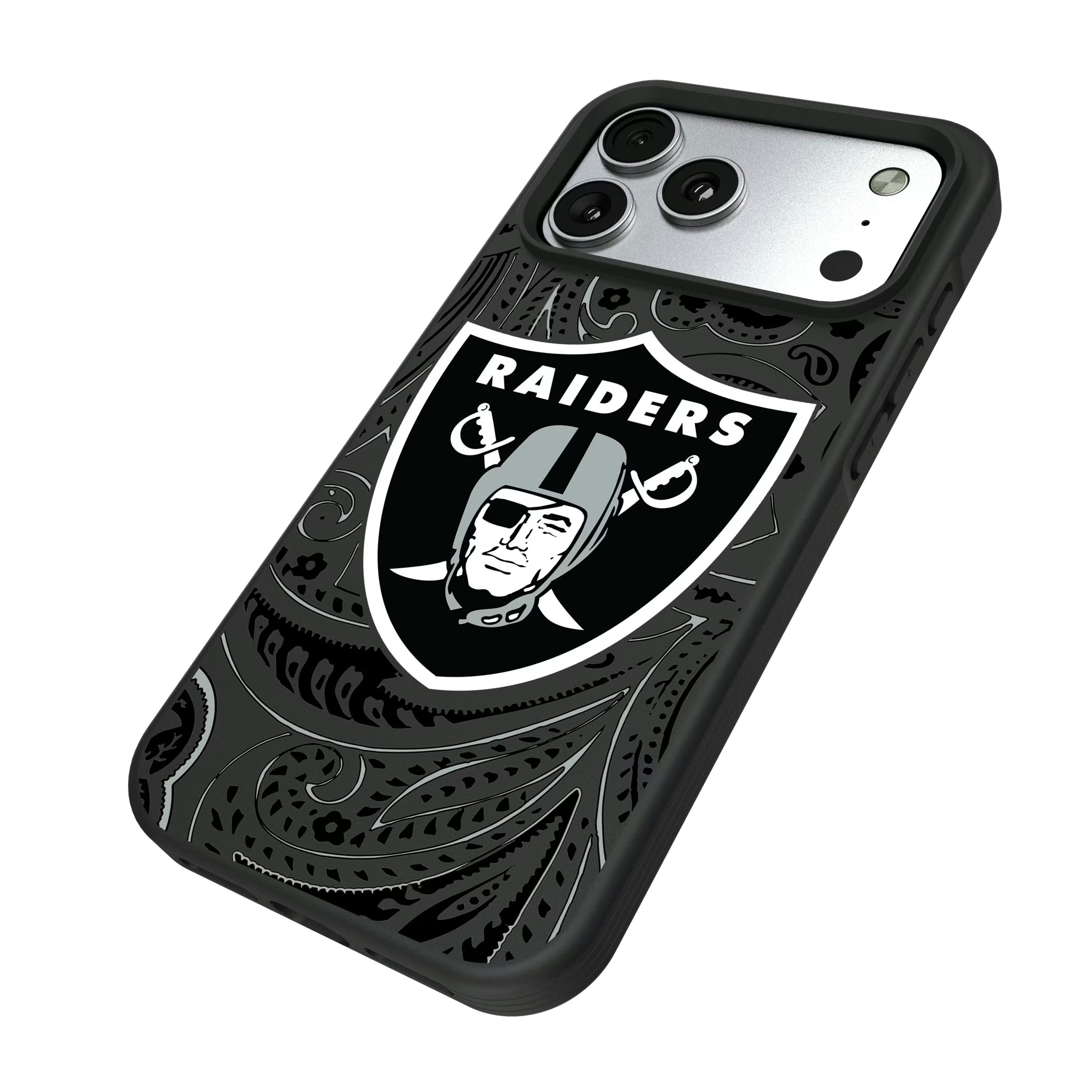Las Vegas Raiders Paisley iPhone Bump Phone Case for Apple iPhone - Isometric View#Device_iPhone 17 Pro Max