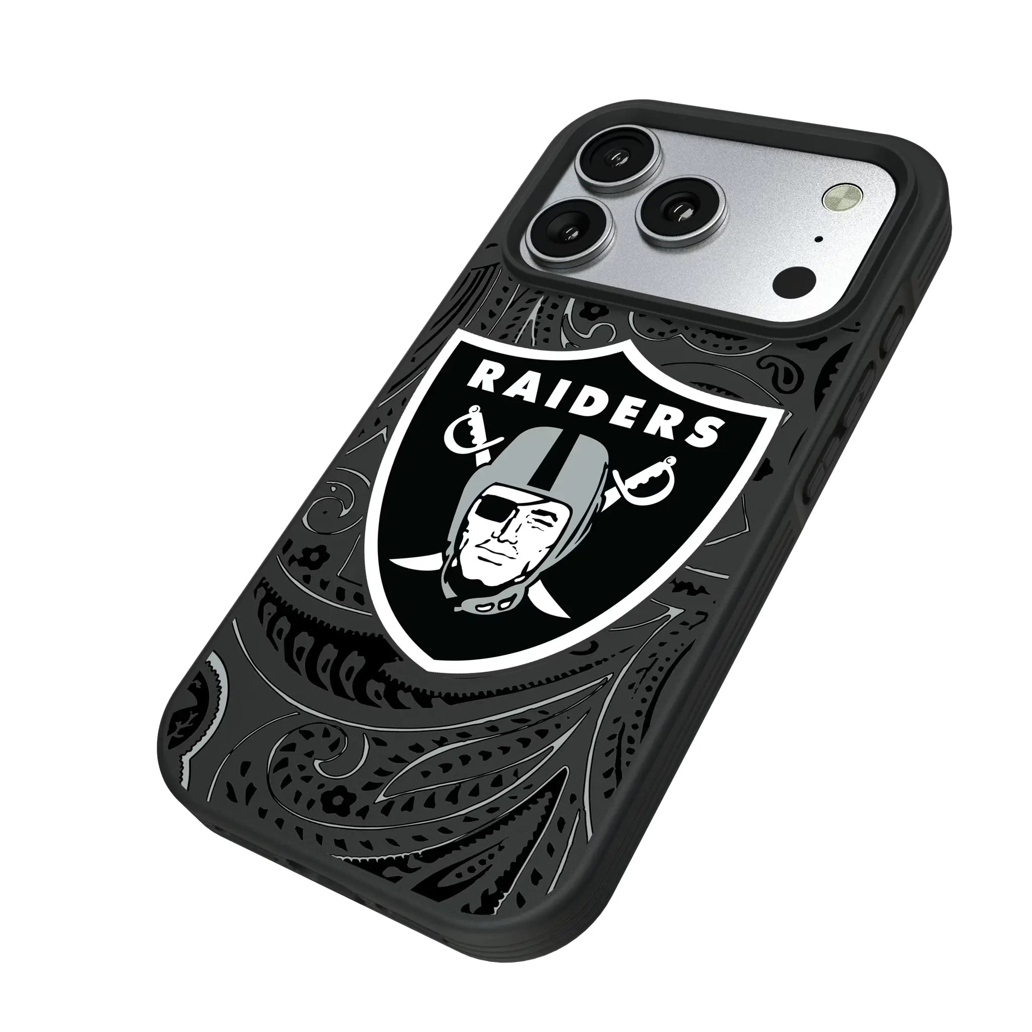 Las Vegas Raiders Paisley iPhone Bump Phone Case for Apple iPhone - Isometric View#Device_iPhone 17 Pro