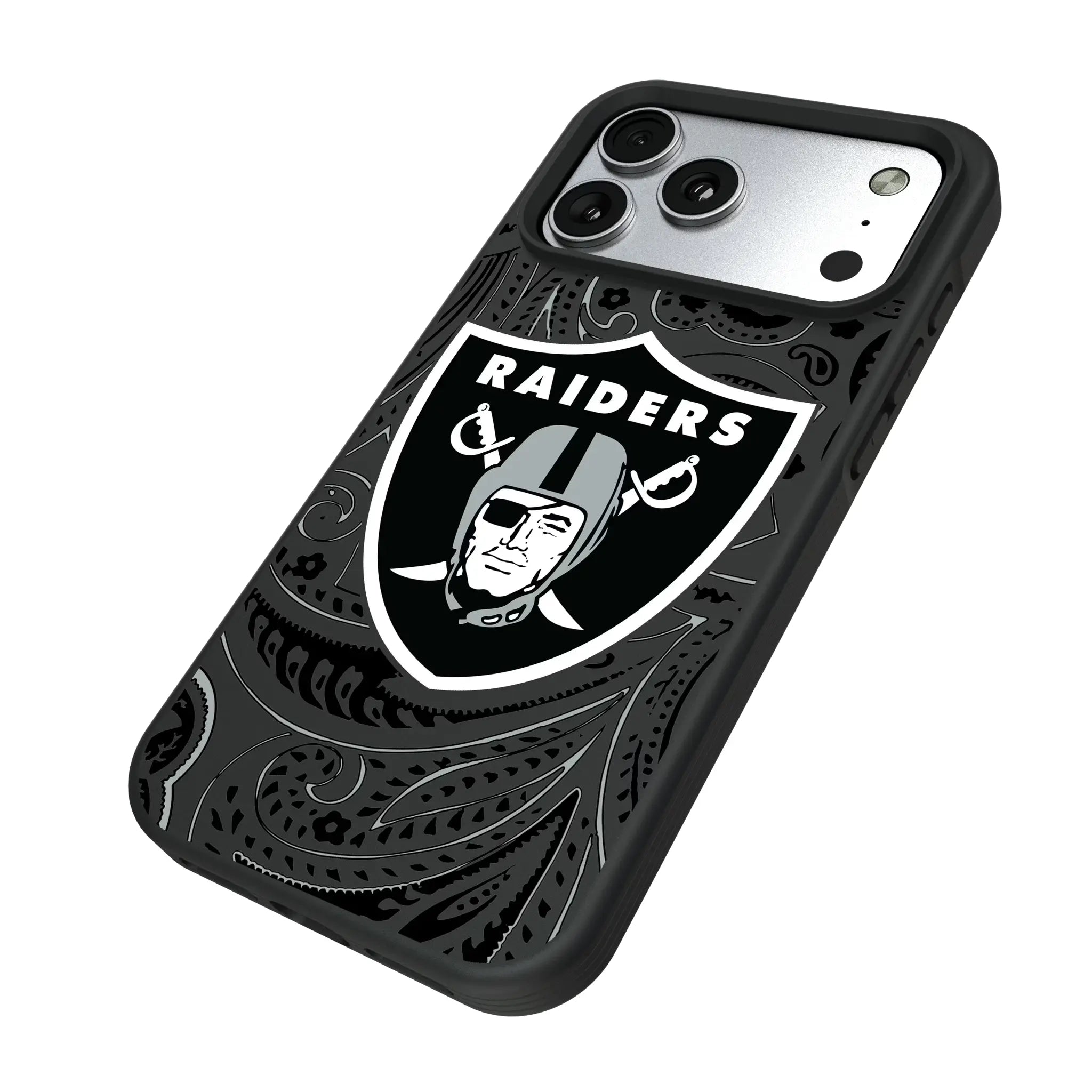Las Vegas Raiders Paisley iPhone Bump Phone Case for Apple iPhone - Isometric View#Device_iPhone 17 Pro Max