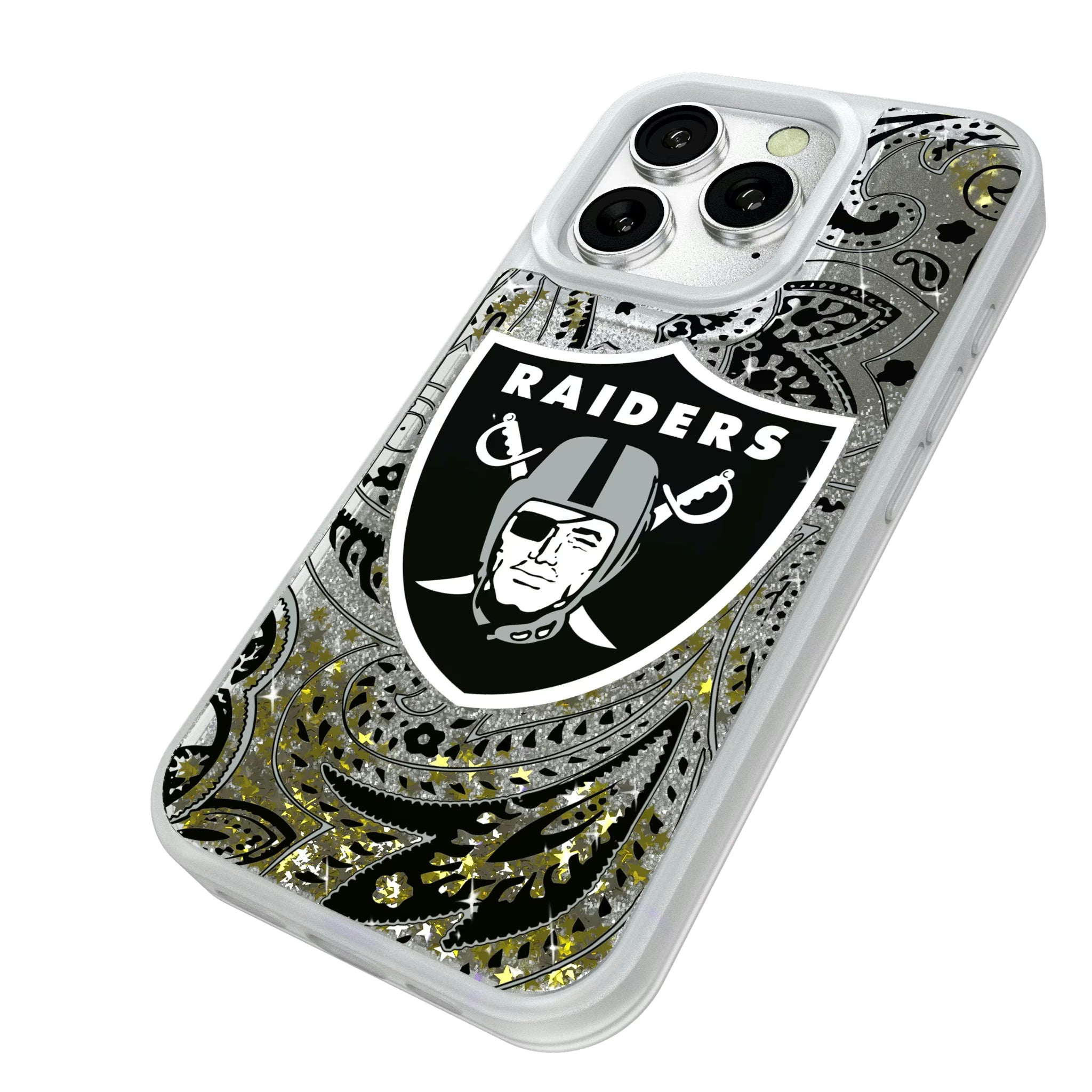 Las Vegas Raiders Paisley iPhone Glitter Phone Case for Apple iPhone - Isometric View#Device_iPhone 16 Pro