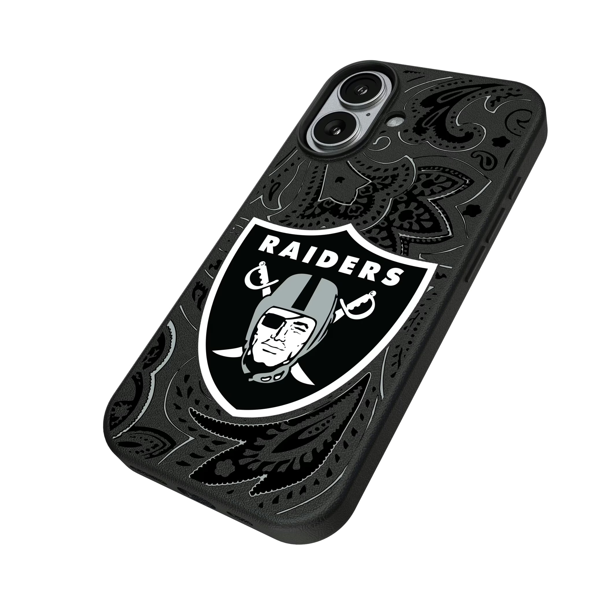 Las Vegas Raiders Paisley iPhone MagSafe Compatible Phone Case for Apple iPhone - Isometric View#Device_iPhone 17