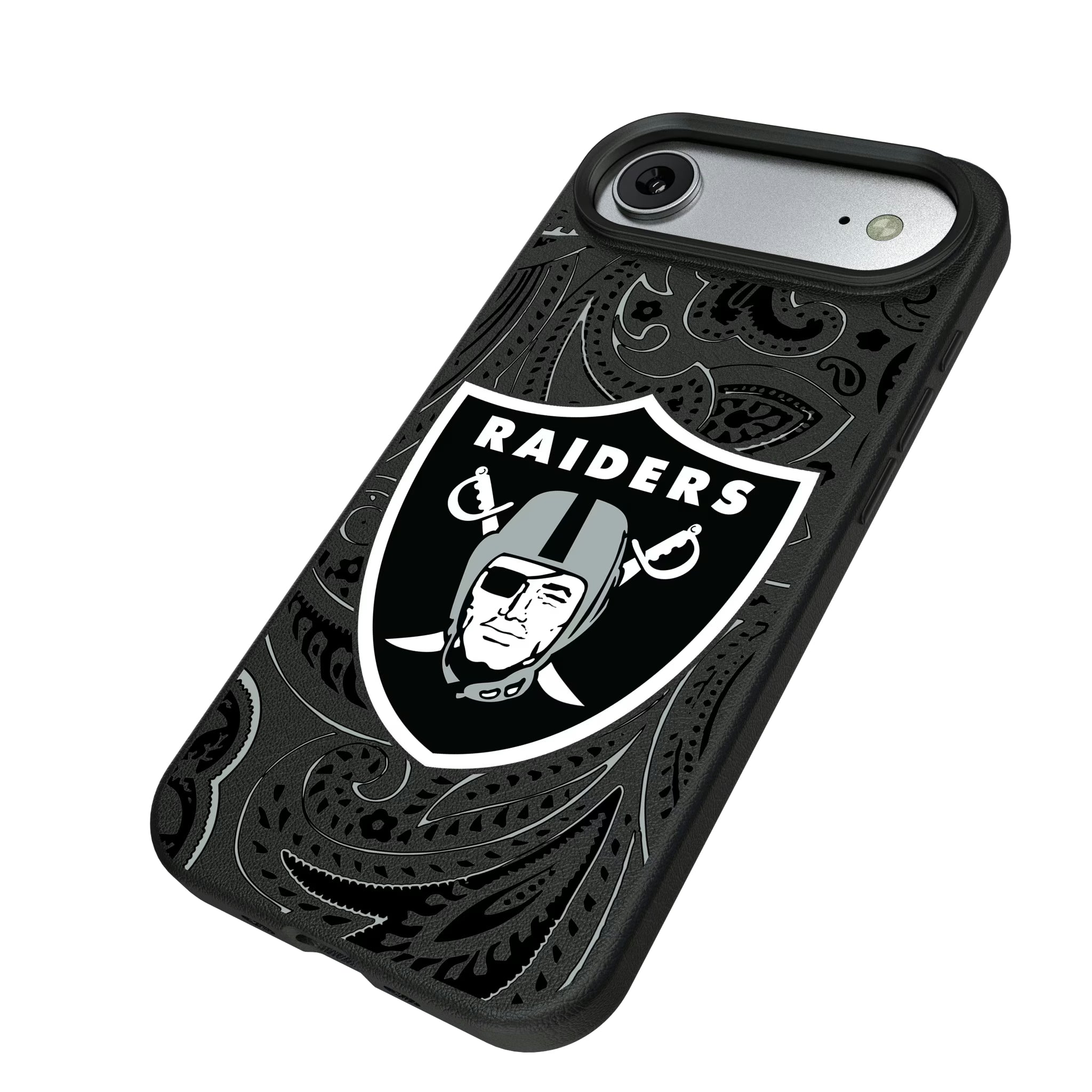 Las Vegas Raiders Paisley iPhone MagSafe Compatible Phone Case for Apple iPhone - Isometric View#Device_iPhone Air