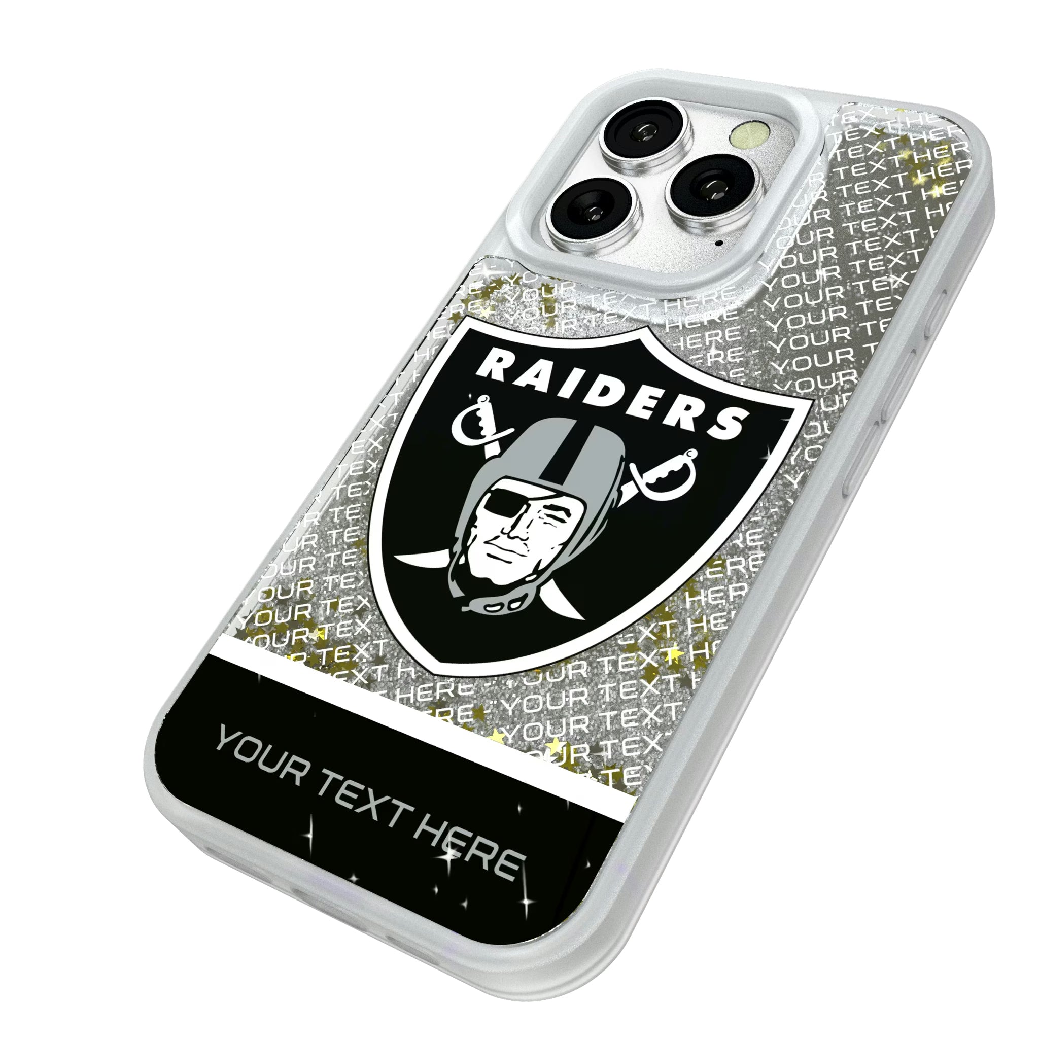 Las Vegas Raiders Personalized EndZone Plus iPhone Glitter Phone Case for Apple iPhone - Isometric View#Device_iPhone 16 Pro