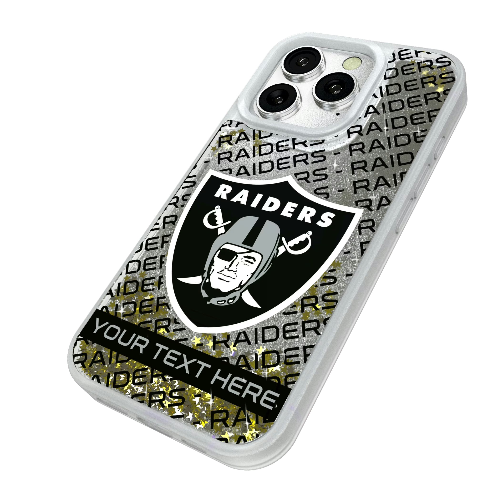Las Vegas Raiders Personalized Tilt iPhone Glitter Phone Case for Apple iPhone - Isometric View#Device_iPhone 16 Pro