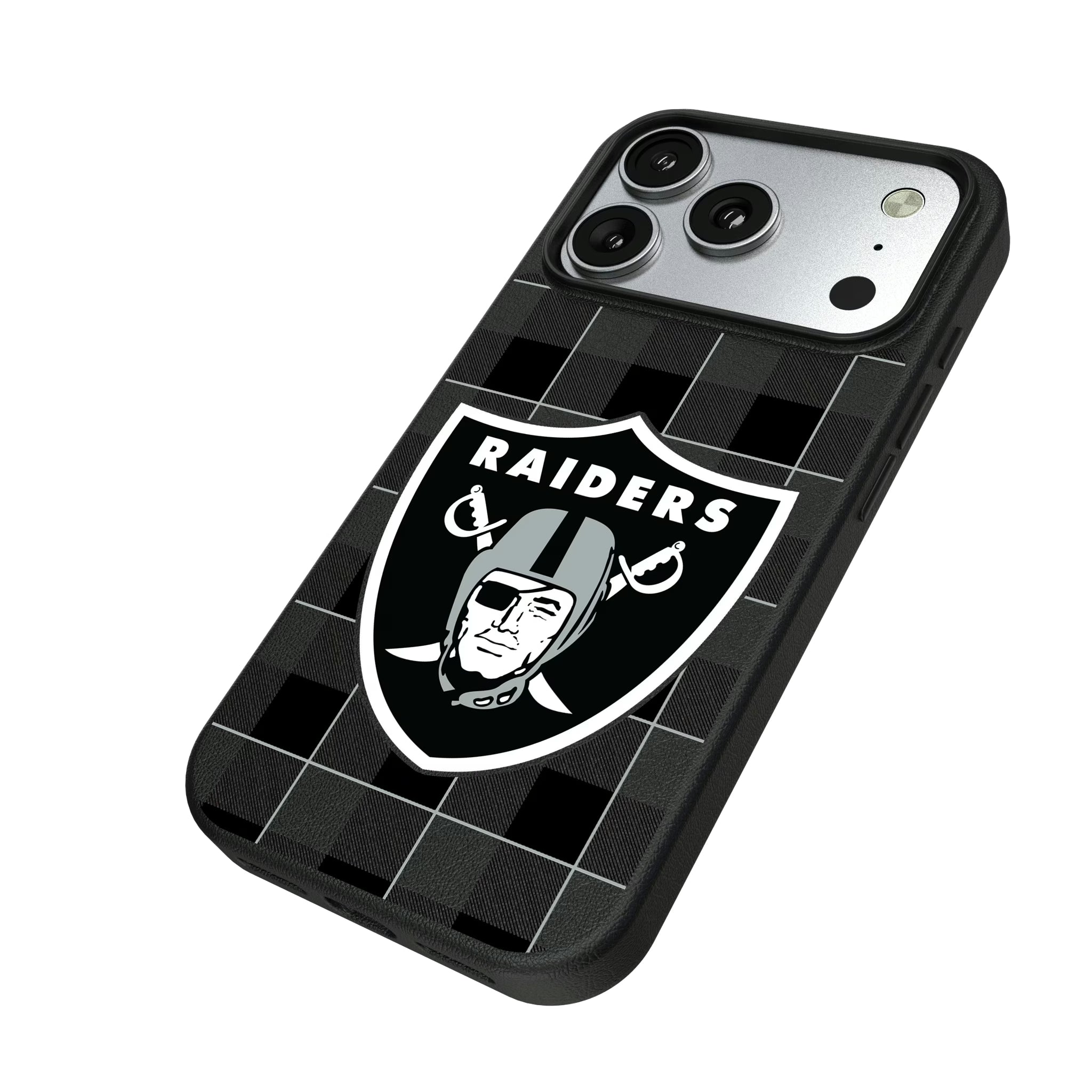 Las Vegas Raiders Plaid iPhone MagSafe Compatible Phone Case for Apple iPhone - Isometric View#Device_iPhone 17 Pro