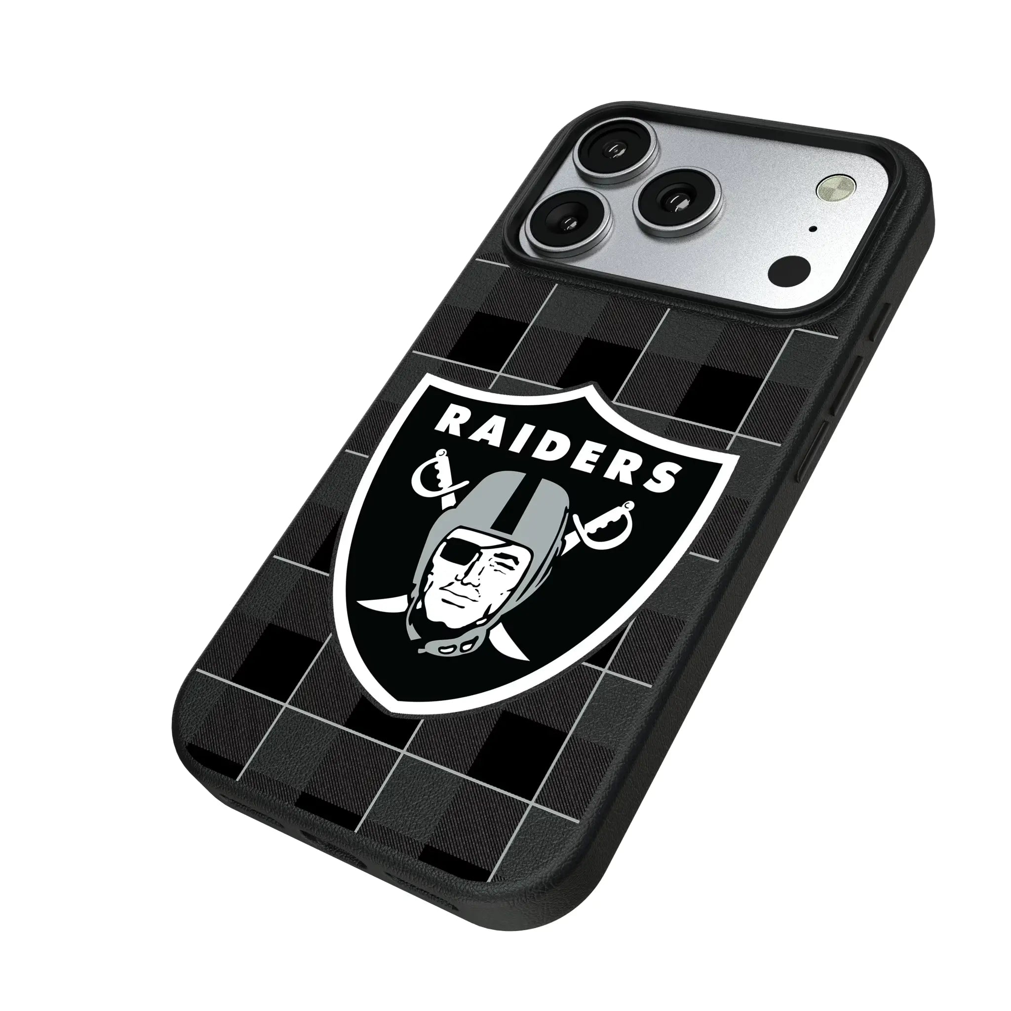 Las Vegas Raiders Plaid iPhone MagSafe Compatible Phone Case for Apple iPhone - Isometric View#Device_iPhone 17 Pro