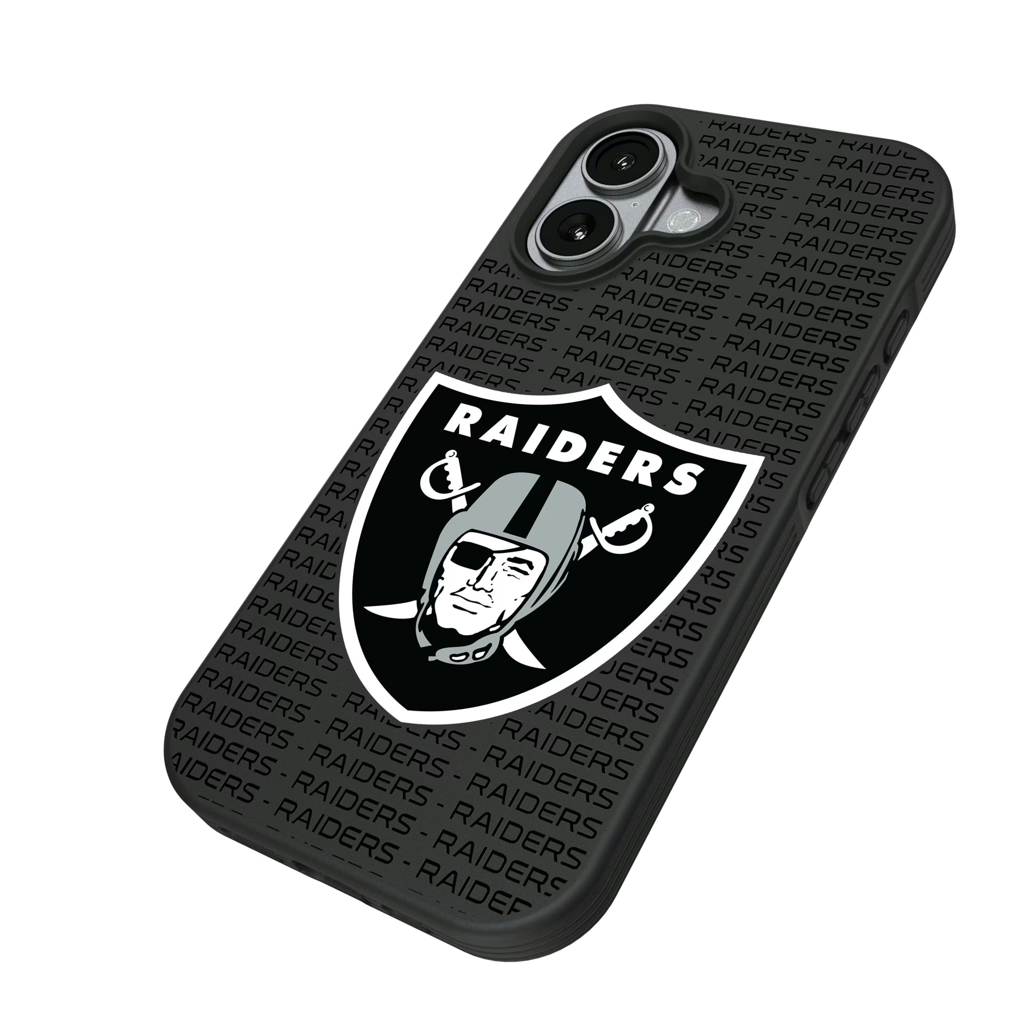 Las Vegas Raiders Text Backdrop iPhone Bump Phone Case for Apple iPhone - Isometric View#Device_iPhone 17