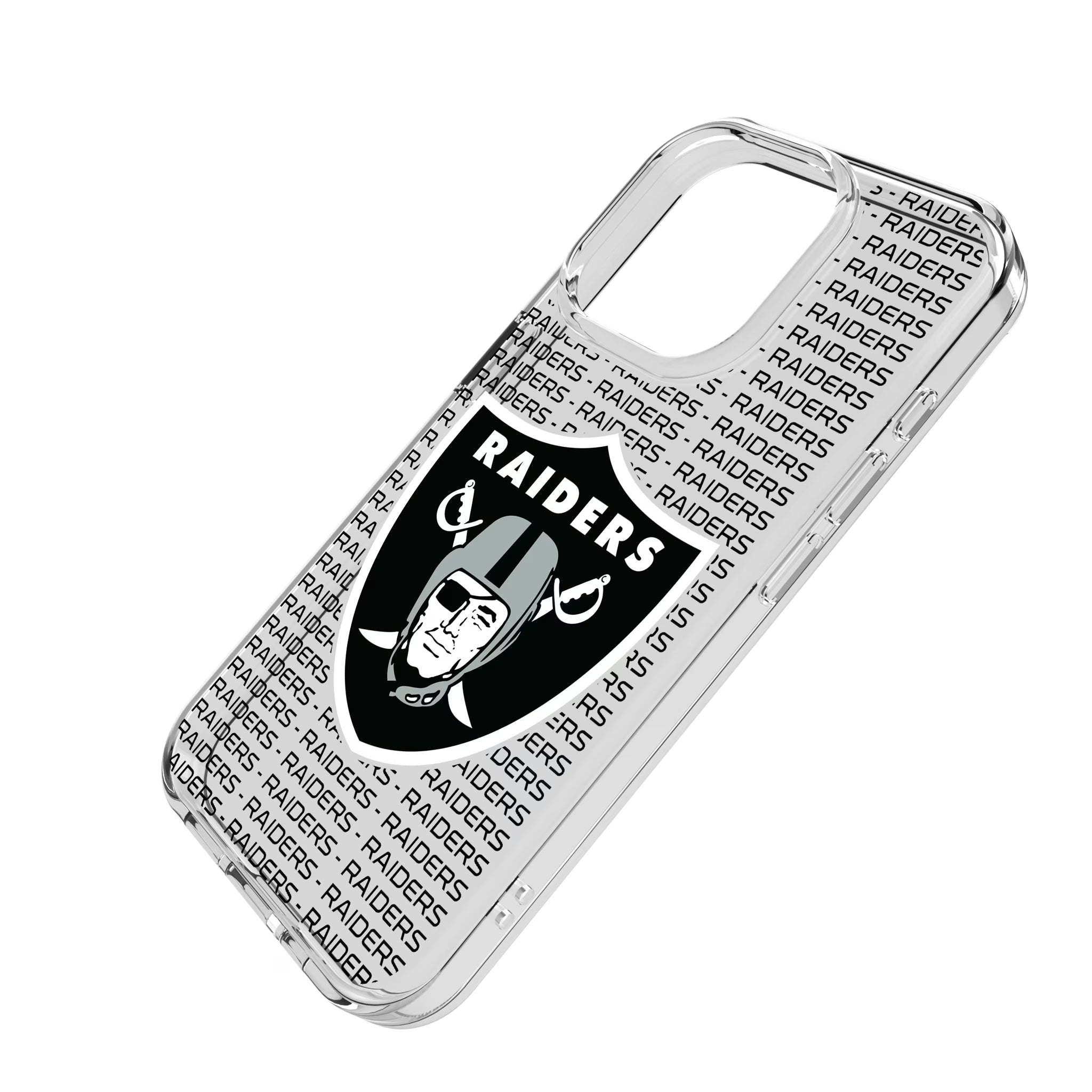 Las Vegas Raiders Text Backdrop iPhone Clear Phone Case for Apple iPhone - Isometric View