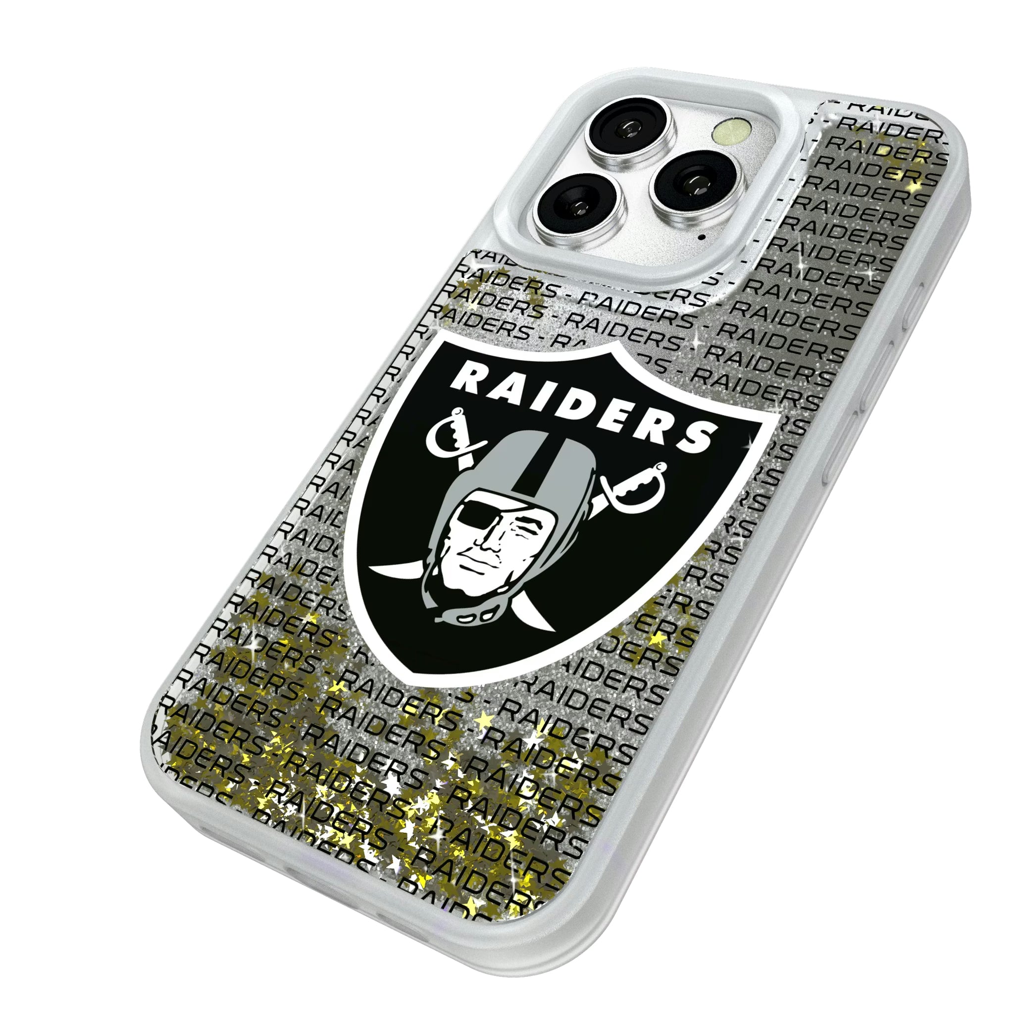 Las Vegas Raiders Text Backdrop iPhone Glitter Phone Case for Apple iPhone - Isometric View#Device_iPhone 16 Pro