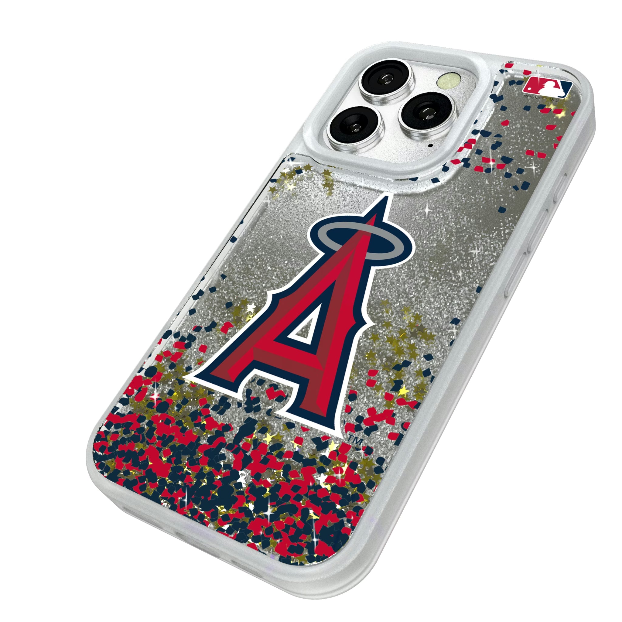 Los Angeles Angels Confetti iPhone Glitter Phone Case for Apple iPhone - Isometric View#Device_iPhone 16 Pro