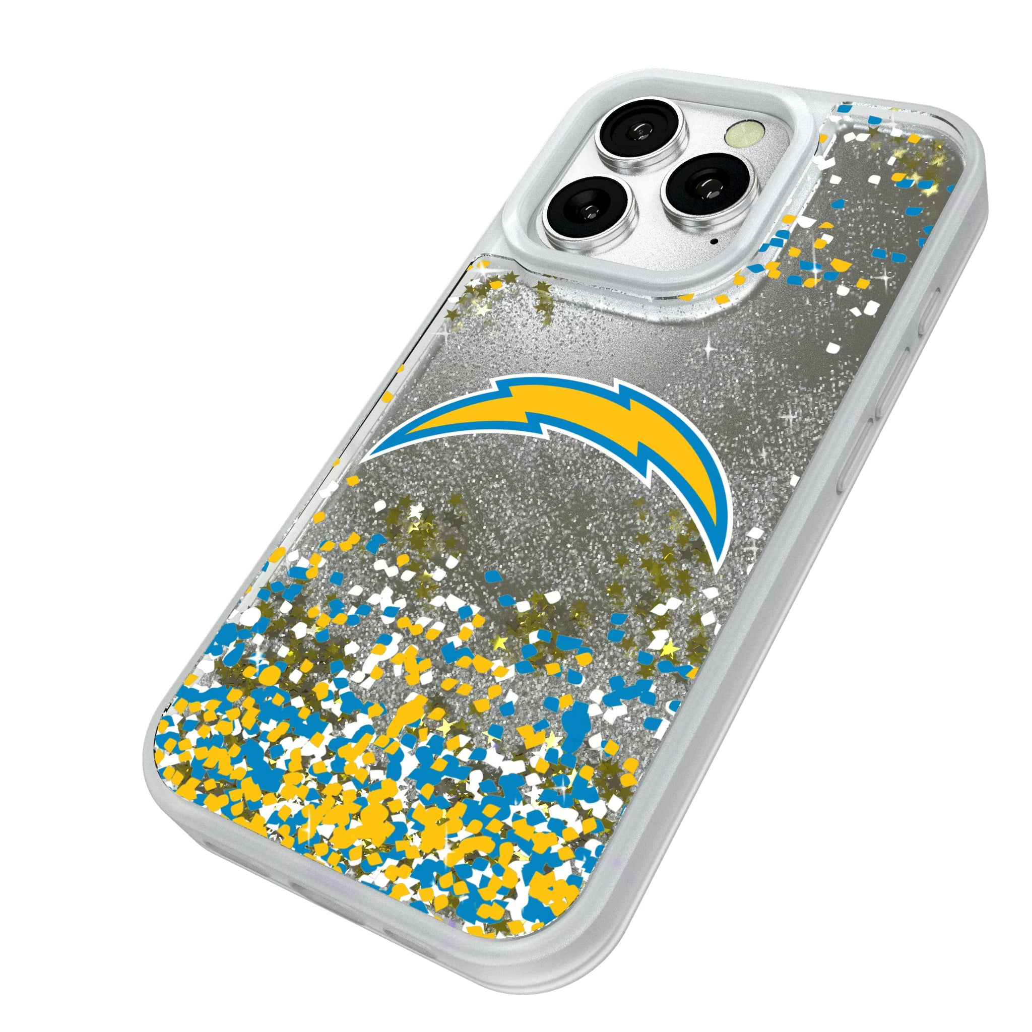 Los Angeles Chargers Confetti iPhone Glitter Phone Case for Apple iPhone - Isometric View#Device_iPhone 16 Pro