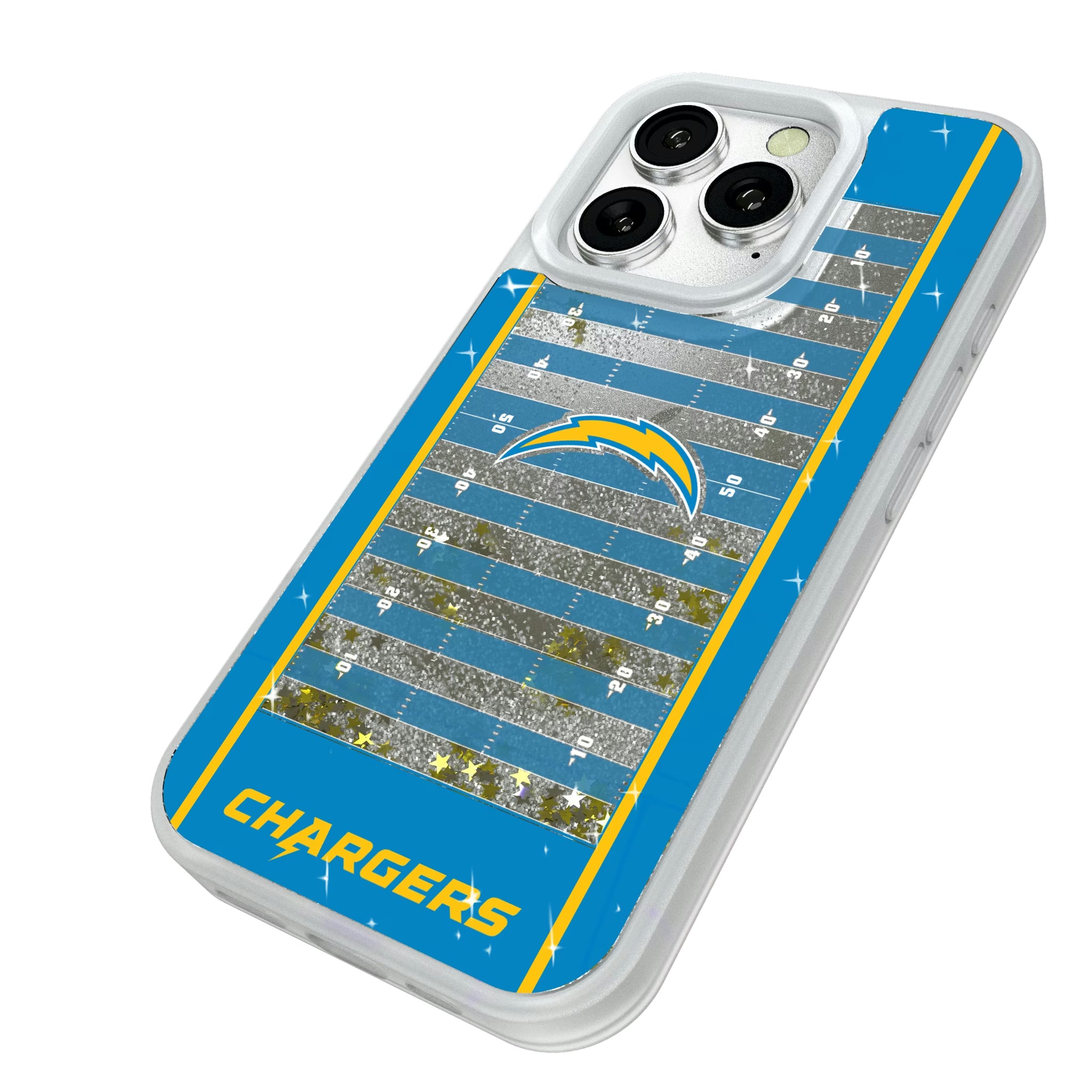 Los Angeles Chargers Field iPhone Glitter Phone Case for Apple iPhone - Isometric View#Device_iPhone 16 Pro