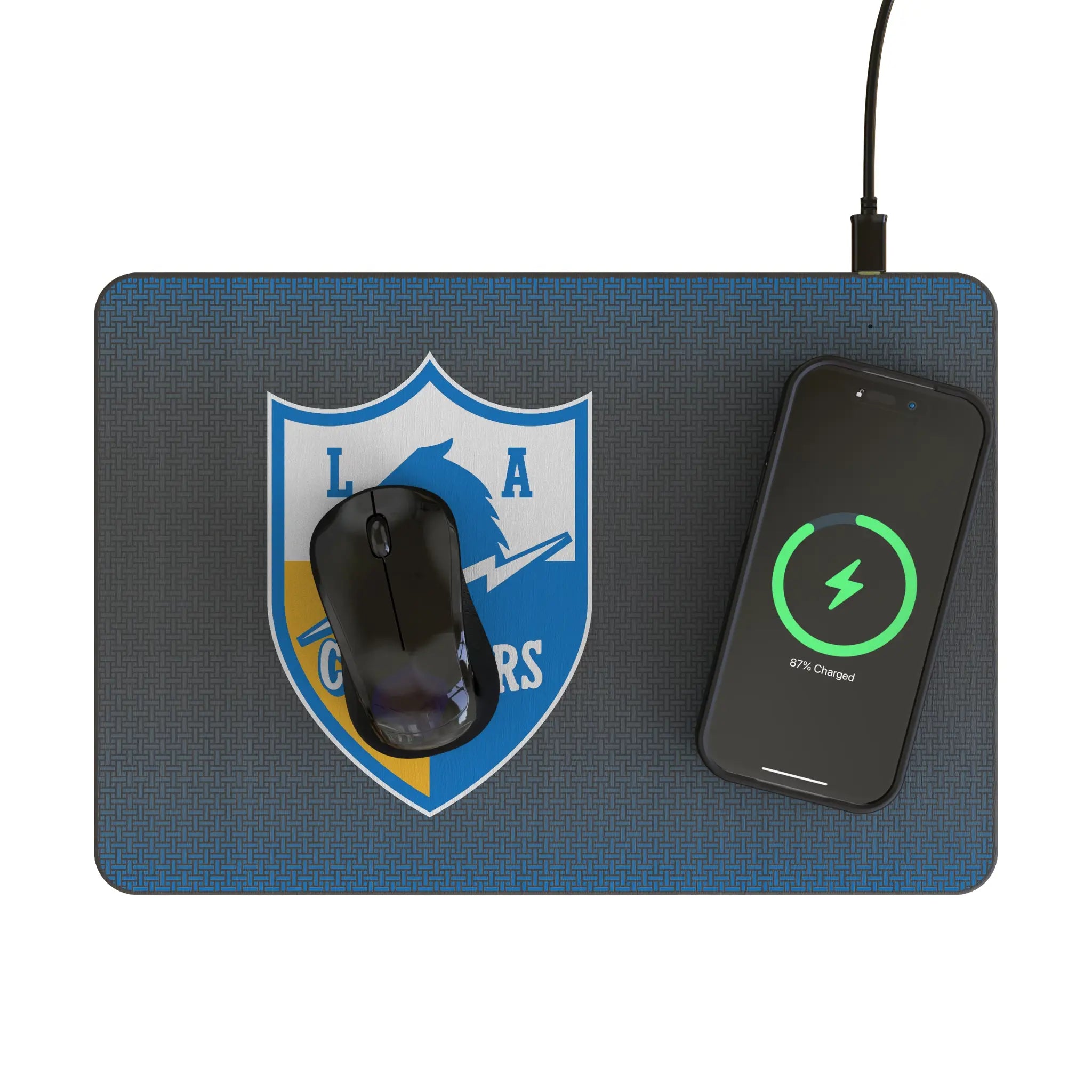 Los Angeles Chargers Historic Collection Linen 15-Watt Wireless Charger and Mouse Pad - Lifestyle
