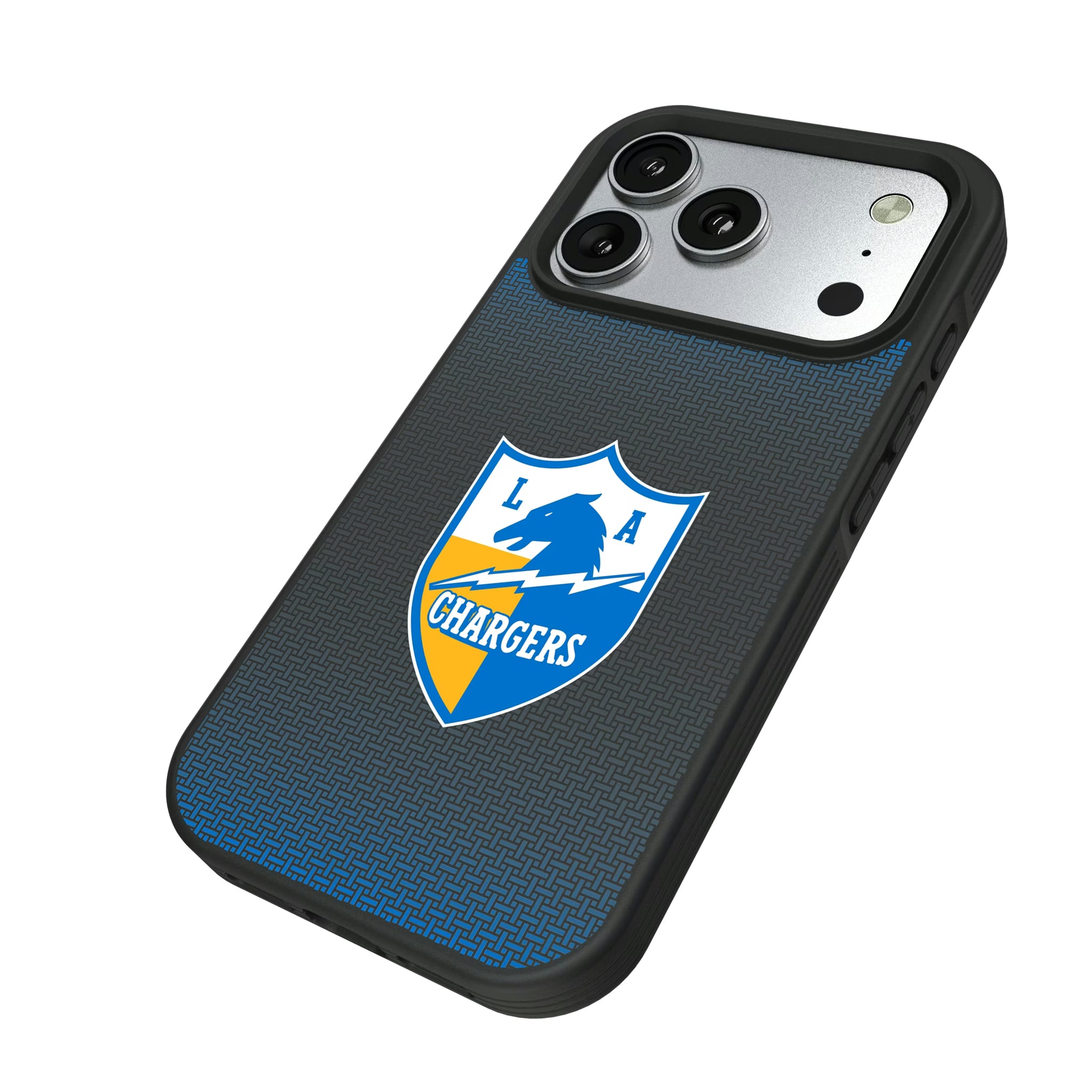 Los Angeles Chargers Historic Collection Linen iPhone Bump Phone Case for Apple iPhone - Isometric View#Device_iPhone 17 Pro