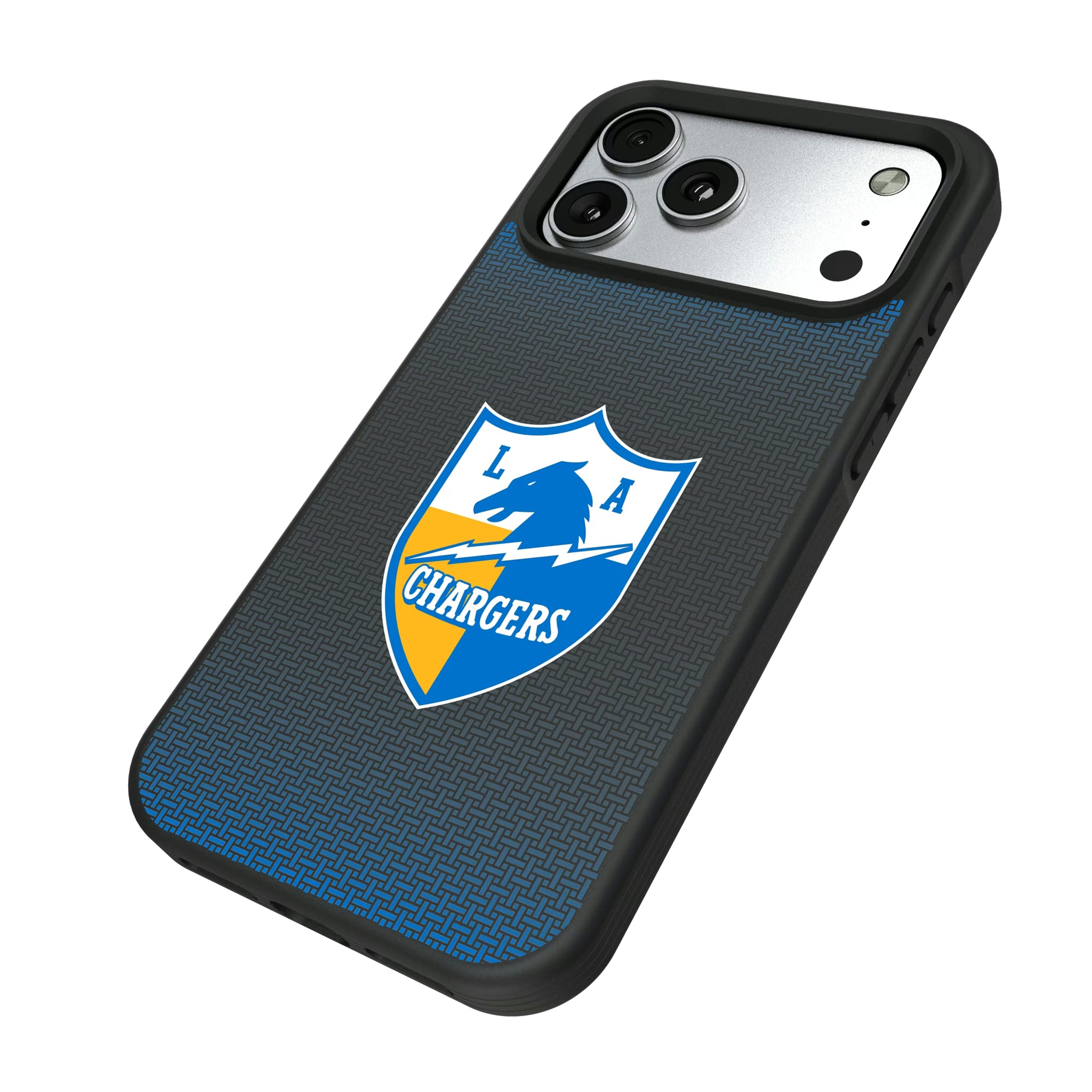 Los Angeles Chargers Historic Collection Linen iPhone Bump Phone Case for Apple iPhone - Isometric View#Device_iPhone 17 Pro Max