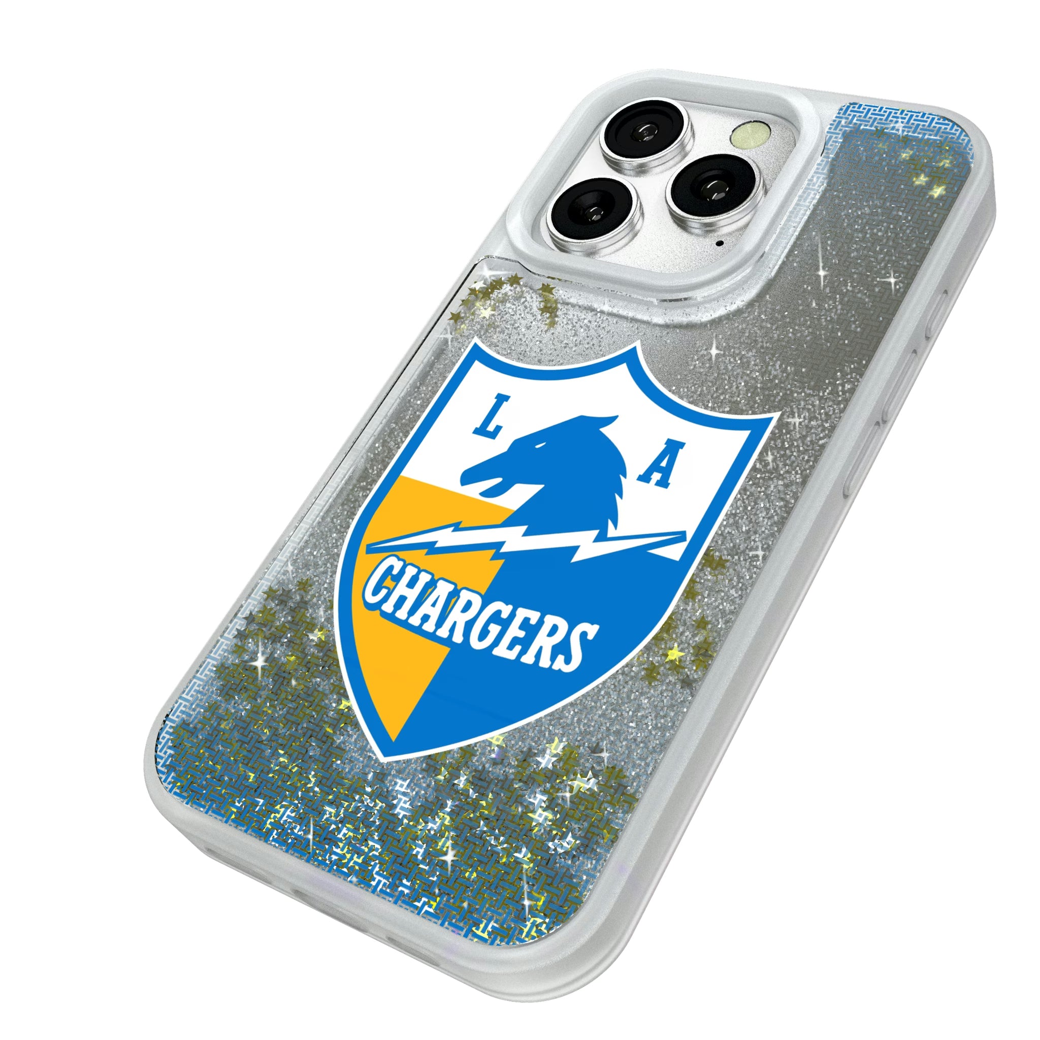 Los Angeles Chargers Historic Collection Linen iPhone Glitter Phone Case for Apple iPhone - Isometric View#Device_iPhone 16 Pro