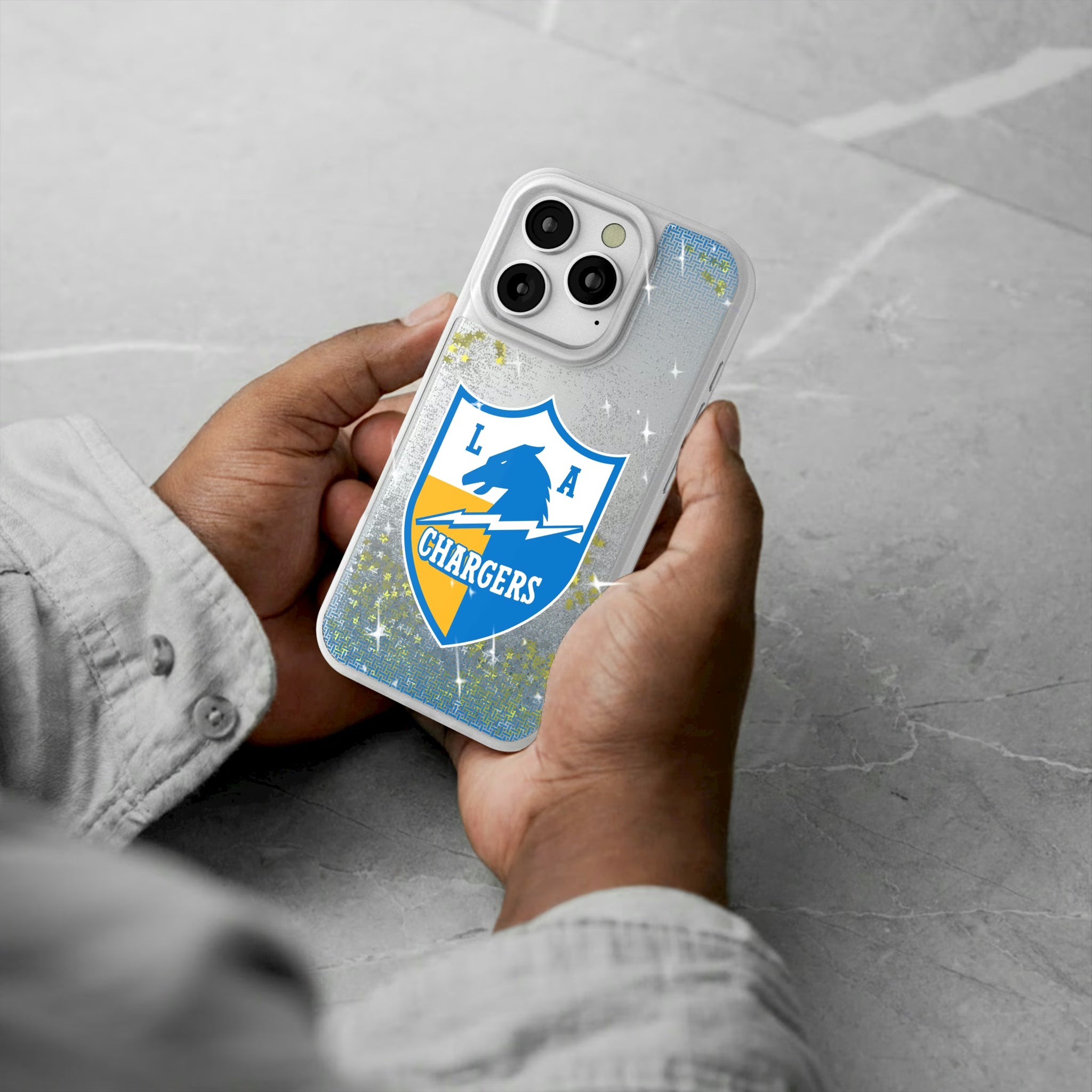 Los Angeles Chargers Historic Collection Linen iPhone Glitter Phone Case for Apple iPhone - Lifestyle#Device_iPhone 16 Pro