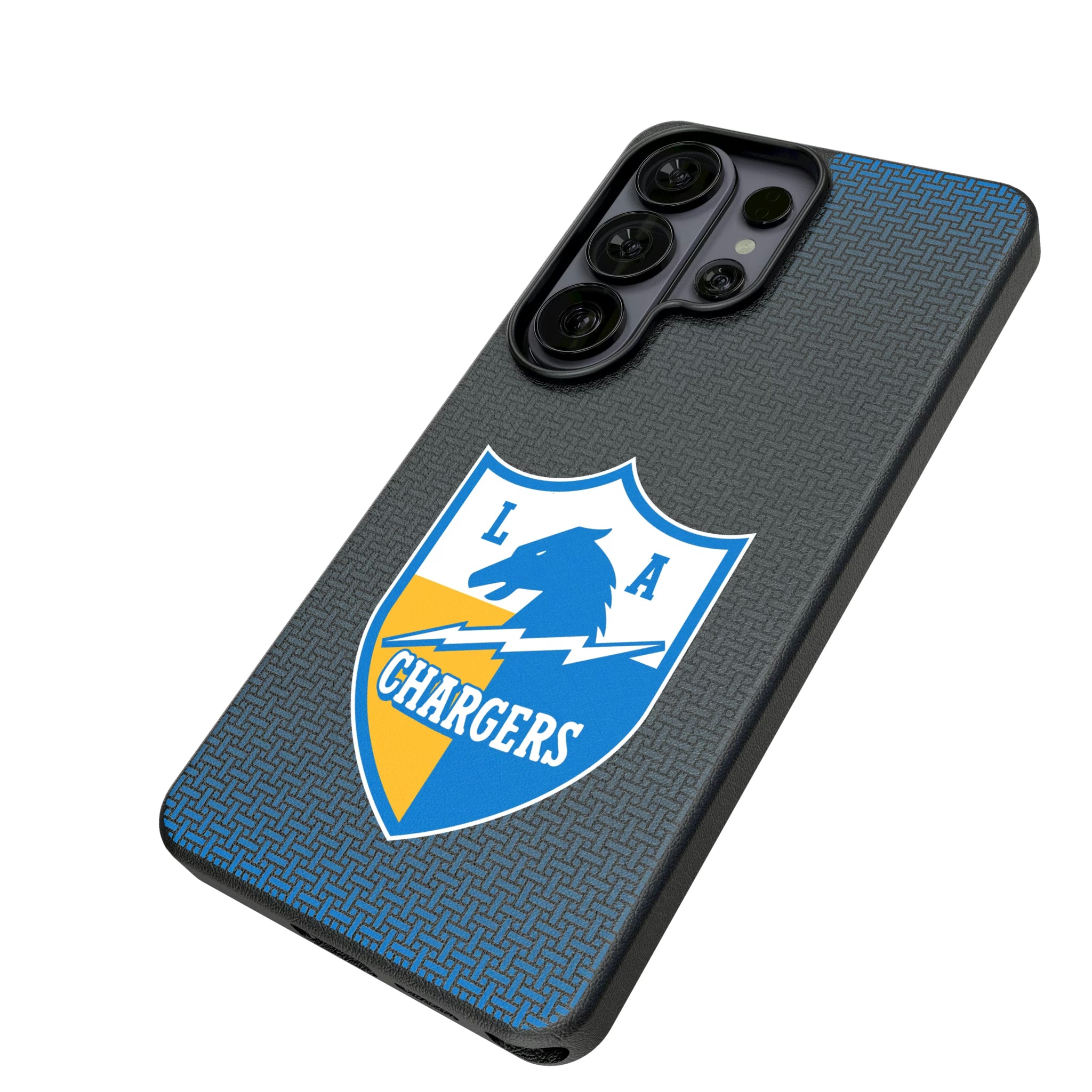 Los Angeles Chargers Historic Collection Linen Galaxy MagSafe Compatible Phone Case for Samsung Galaxy - Isometric View#Device_Galaxy S26 Ultra